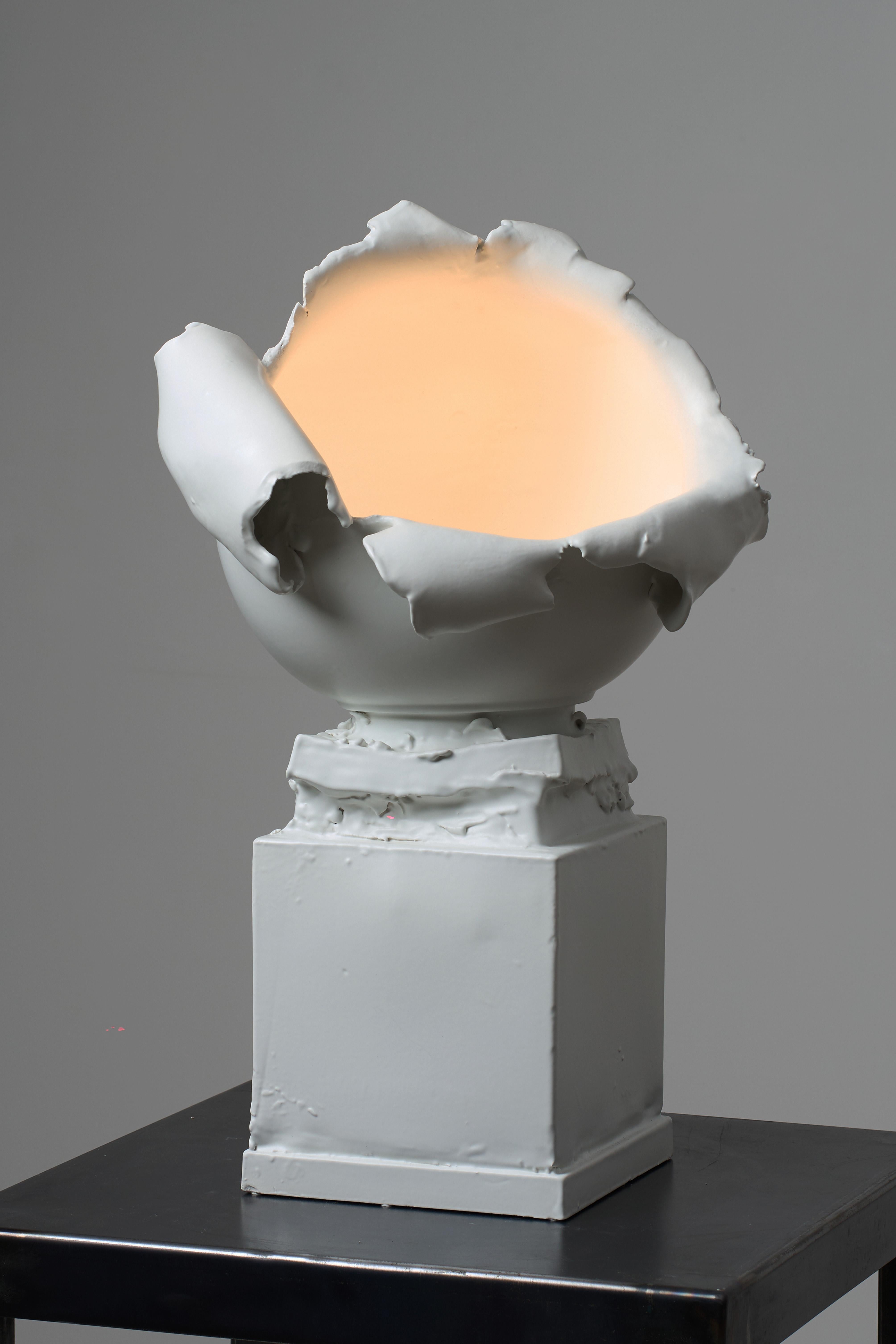 Ceramic hand made natural white table lamp with canvas shade For Sale 3