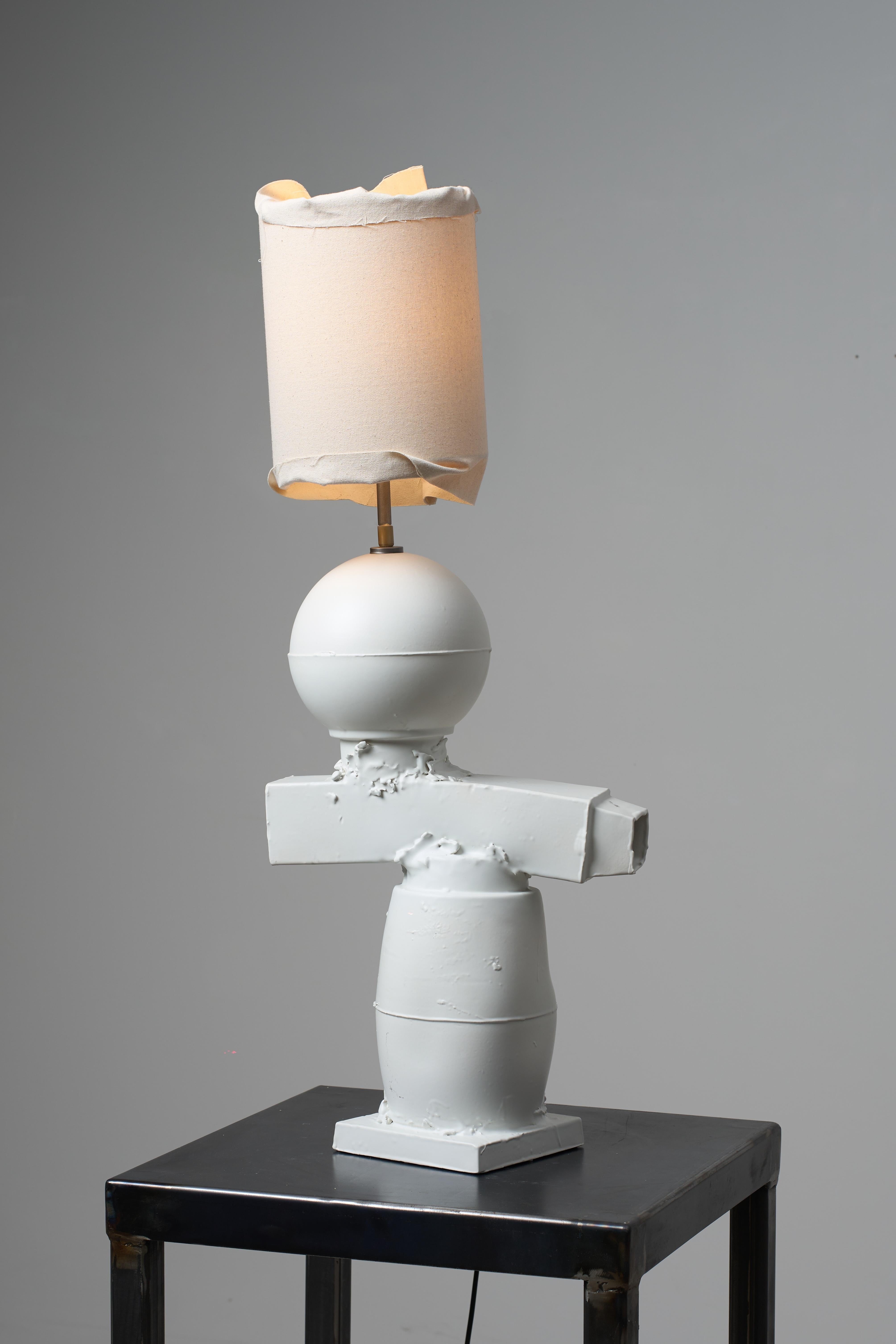 Ceramic hand made natural white table lamp with canvas shade For Sale 4