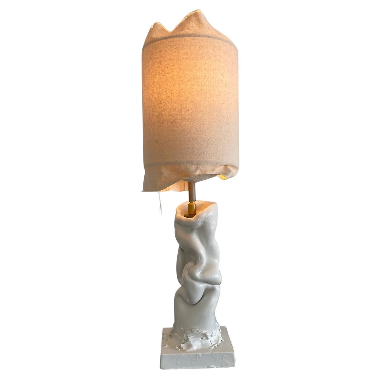 Ceramic hand made natural white table lamp with canvas shade