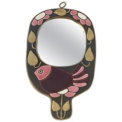 Specchio a mano in ceramica "Moineau" di Mithé Espelt, Francia 1968