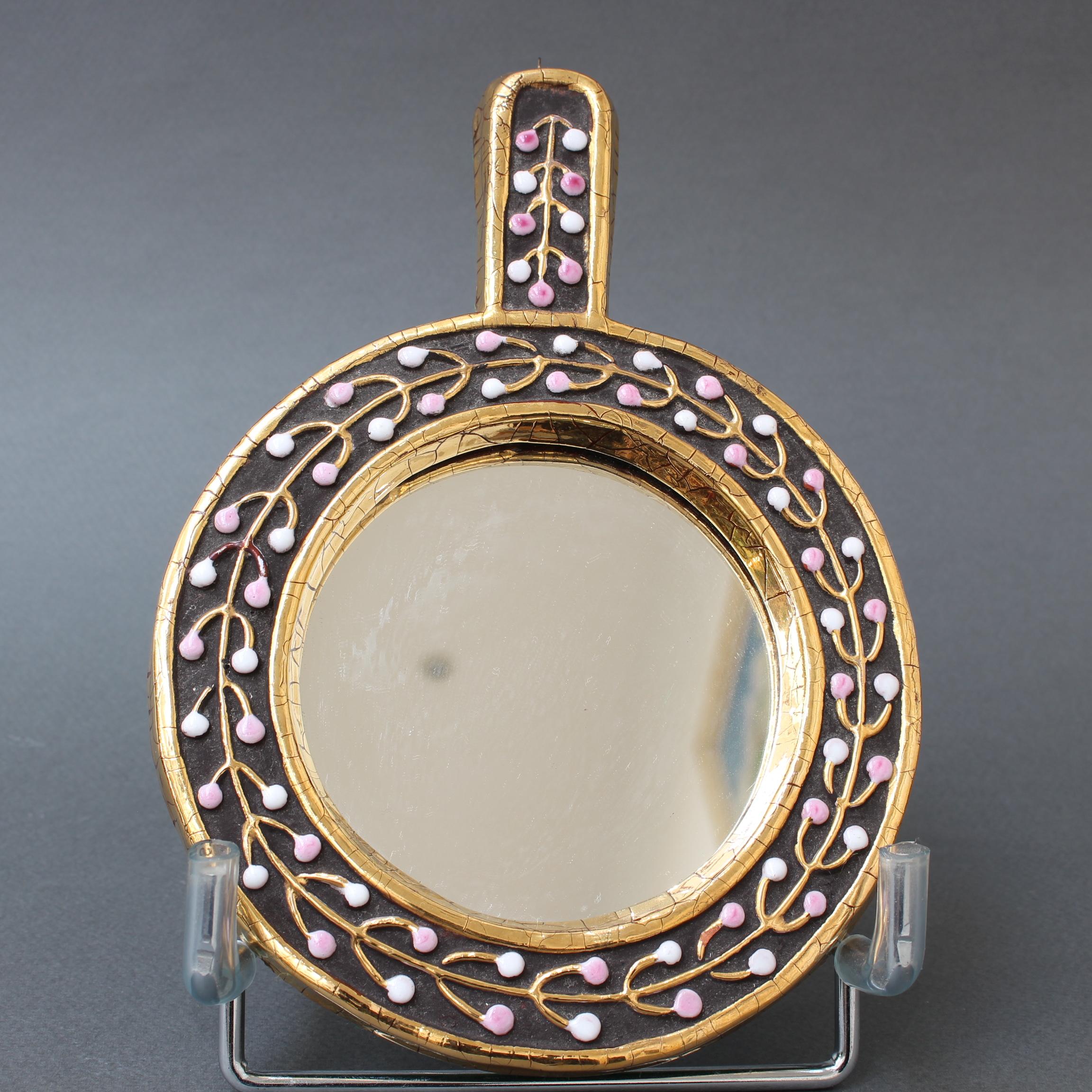 Ceramic Hand Mirror with Flower Bud Motif by Mithé Espelt, circa 1960s 6