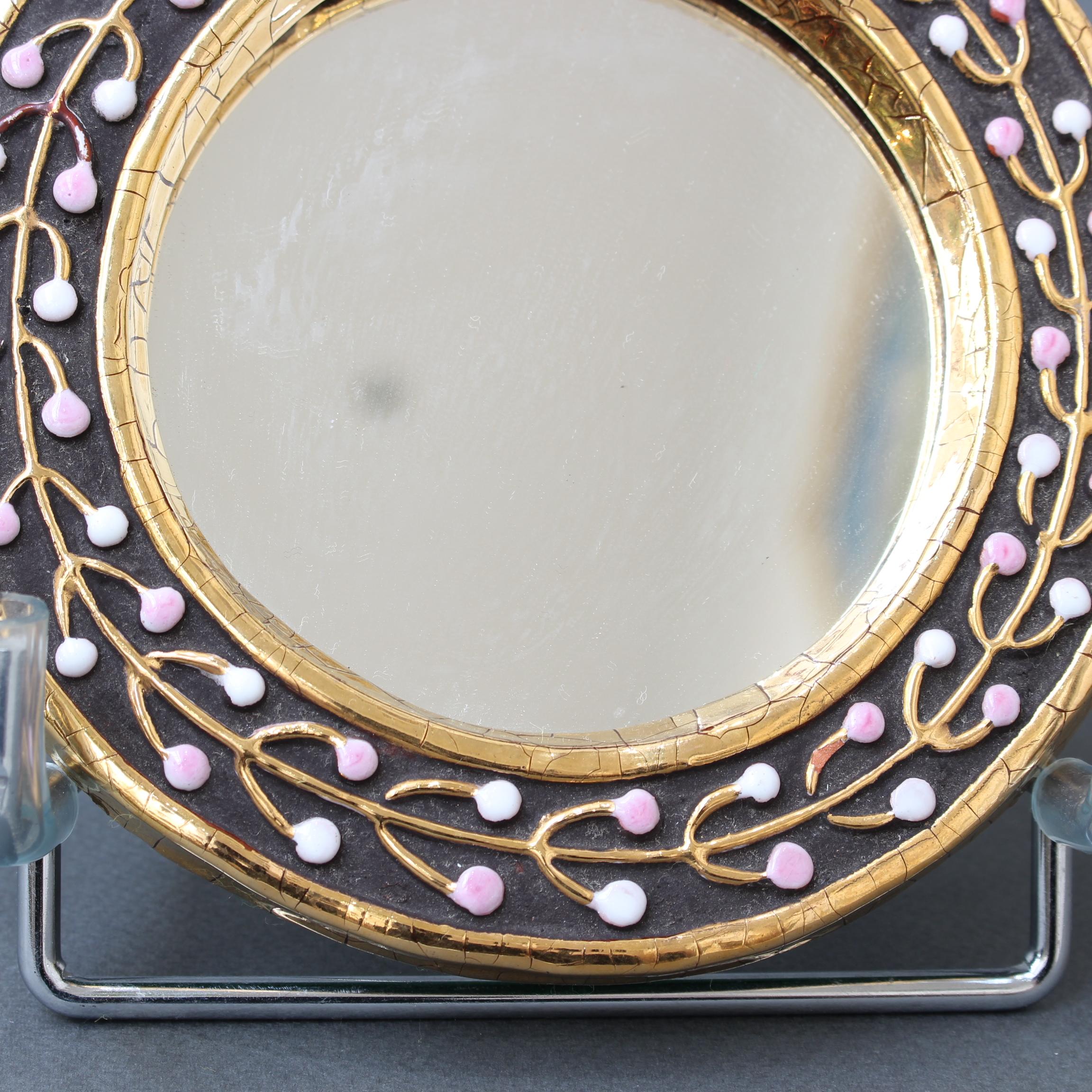 Ceramic Hand Mirror with Flower Bud Motif by Mithé Espelt, circa 1960s 7