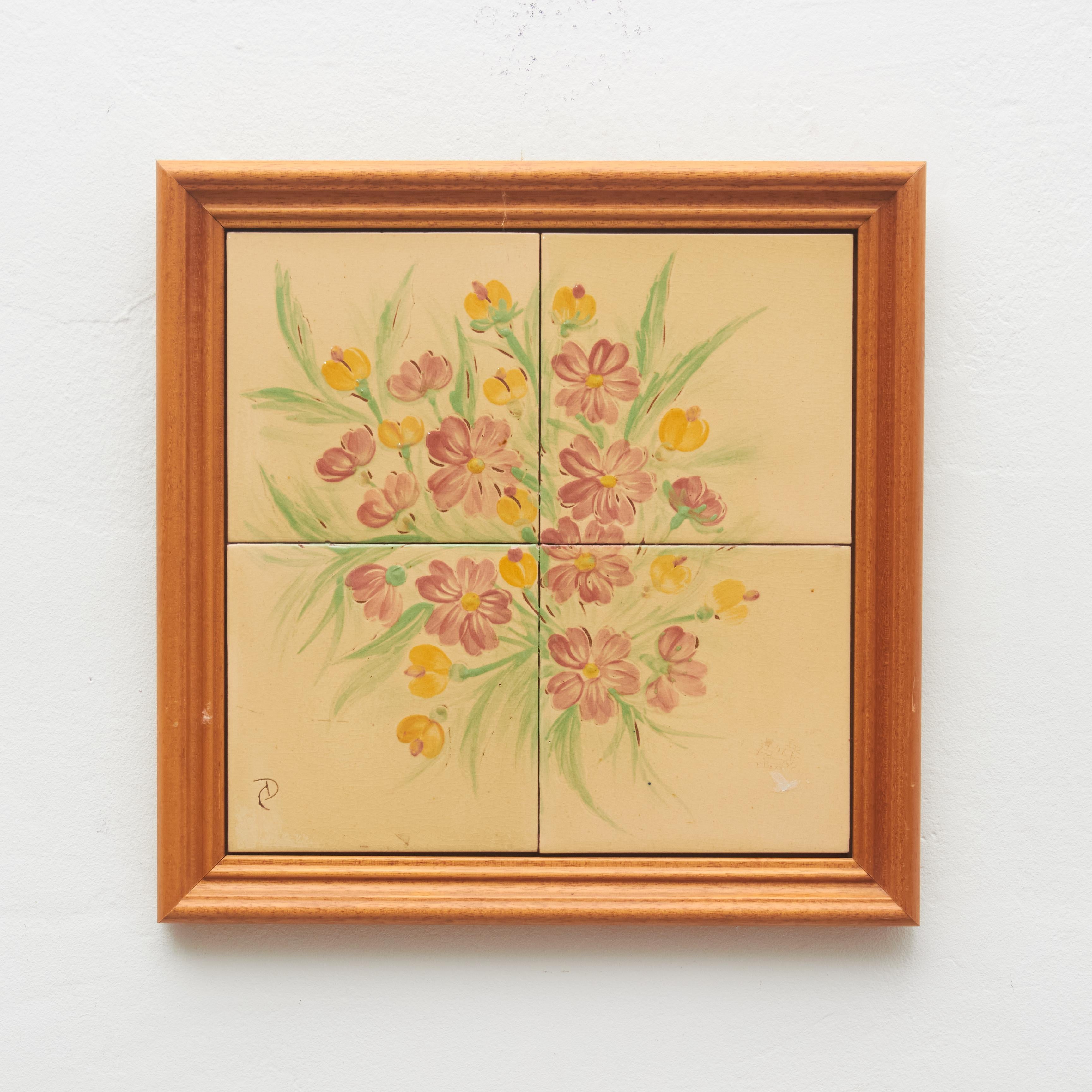 Ceramic hand painted artwork of a plant by Catalan artist Diaz Costa, circa 1960.
Framed. Signed.

In original condition, with minor wear consistent of age and use, preserving a beautiul patina.