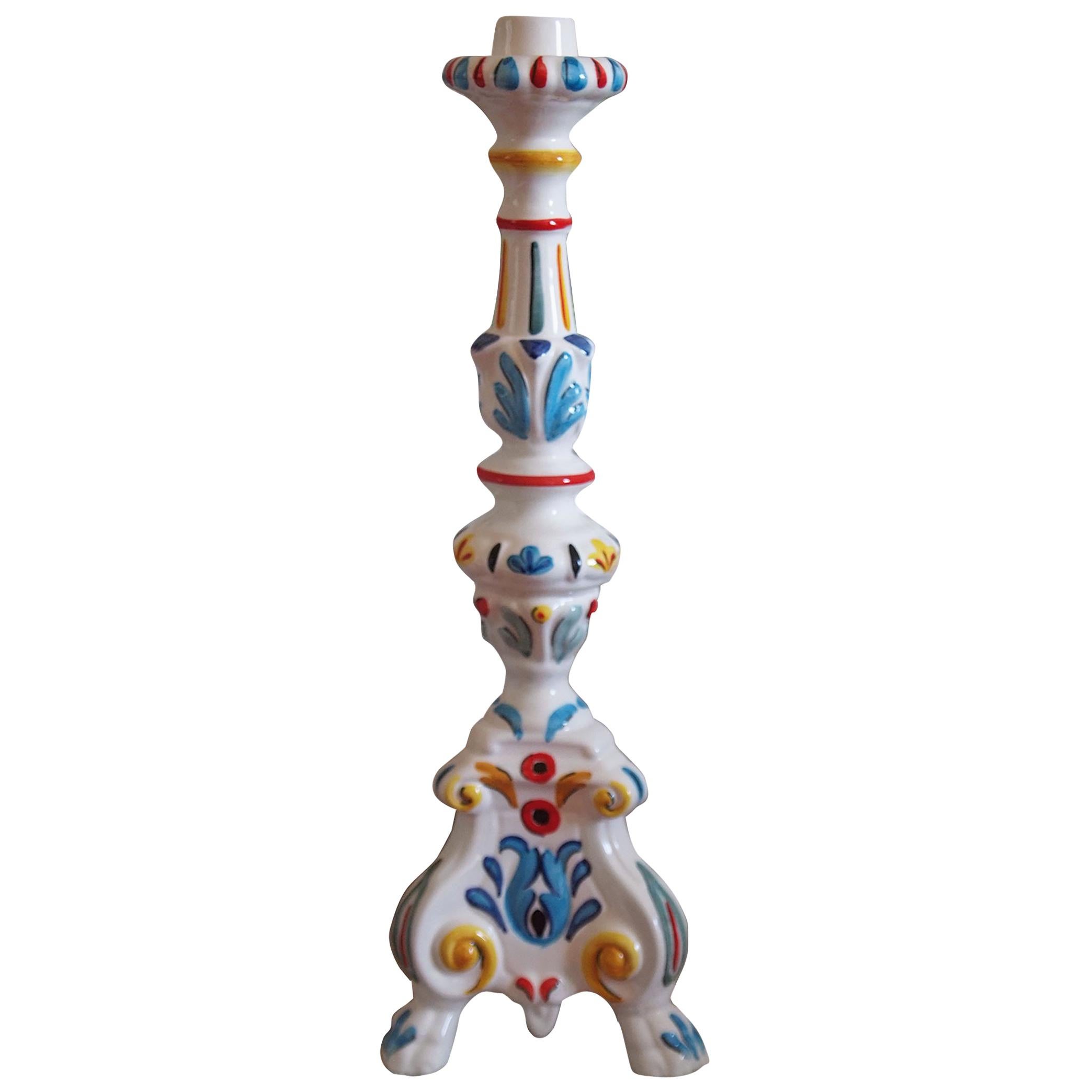 Ceramic Hand Painted Candleholders Blue For Sale