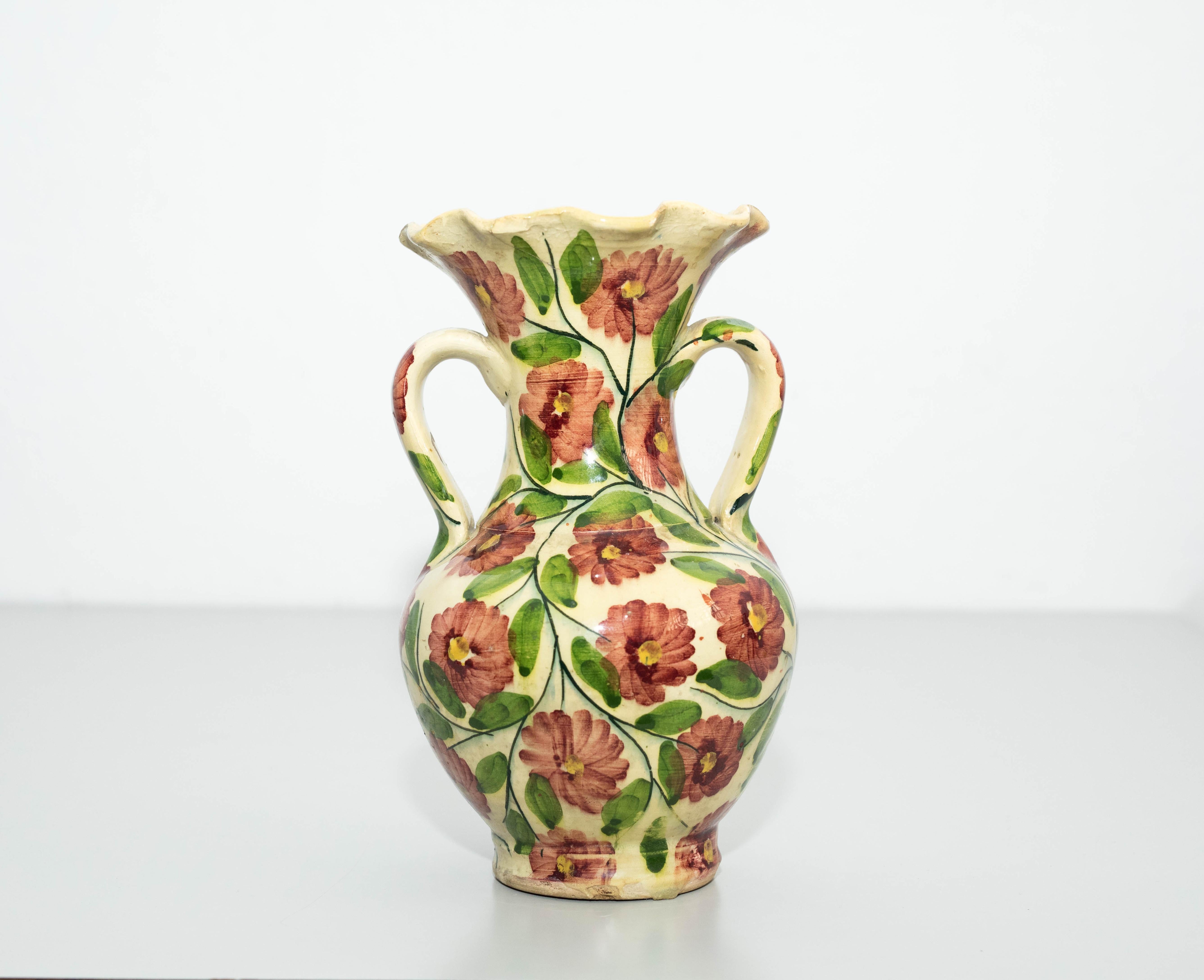 Spanish Ceramic Hand Painted Flowers Vase, circa 1960 For Sale