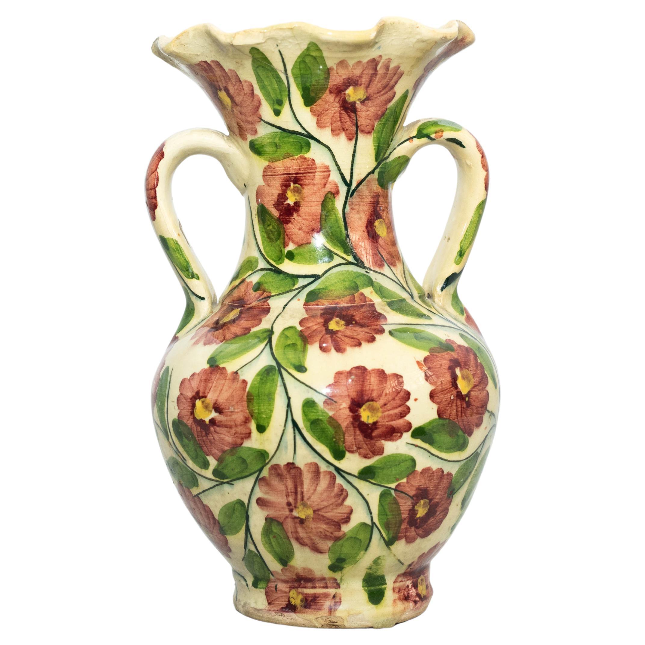 Ceramic Hand Painted Flowers Vase, circa 1960 For Sale