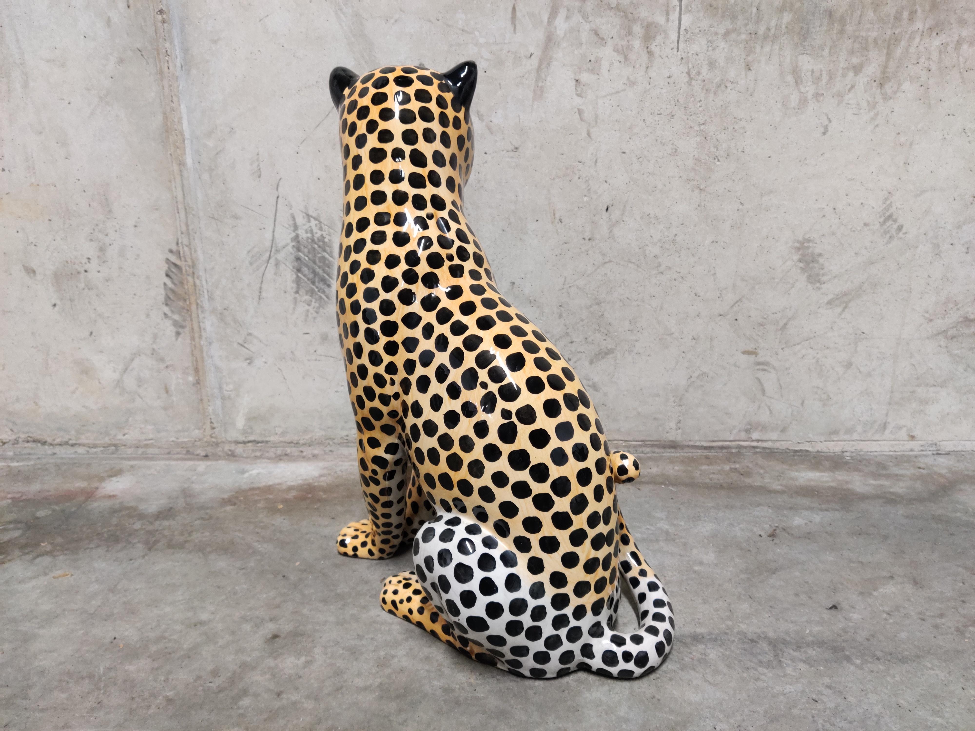 Hollywood Regency Ceramic Hand Painted Leopard, 1960s, Italy