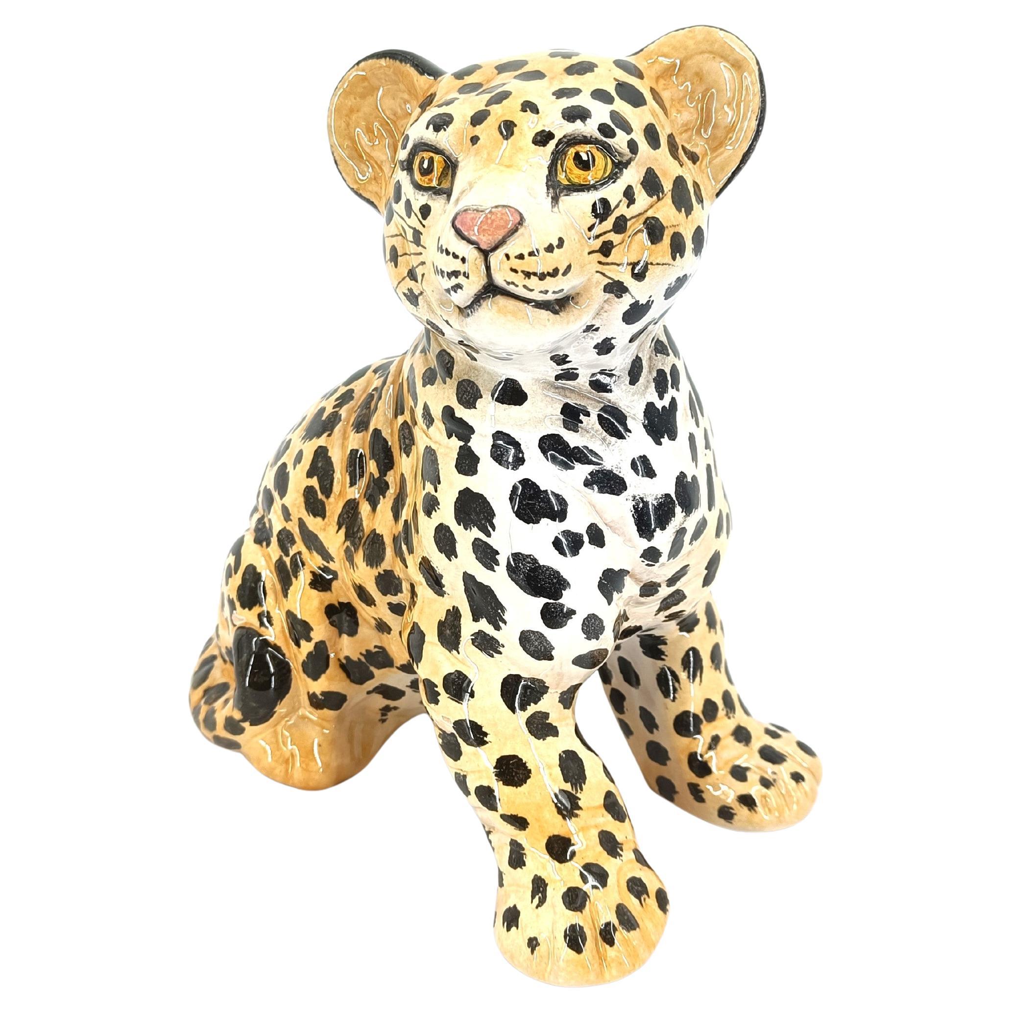 Leopardo de cerámica pintado a mano, años 60 Italia