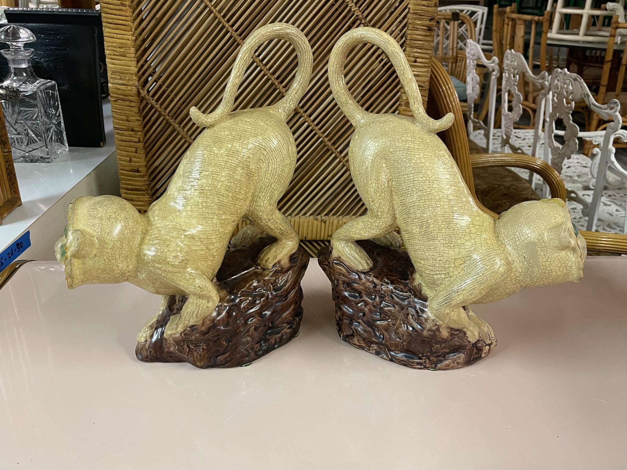 Hollywood Regency Ceramic Hand Painted Monkey Statues, a Pair