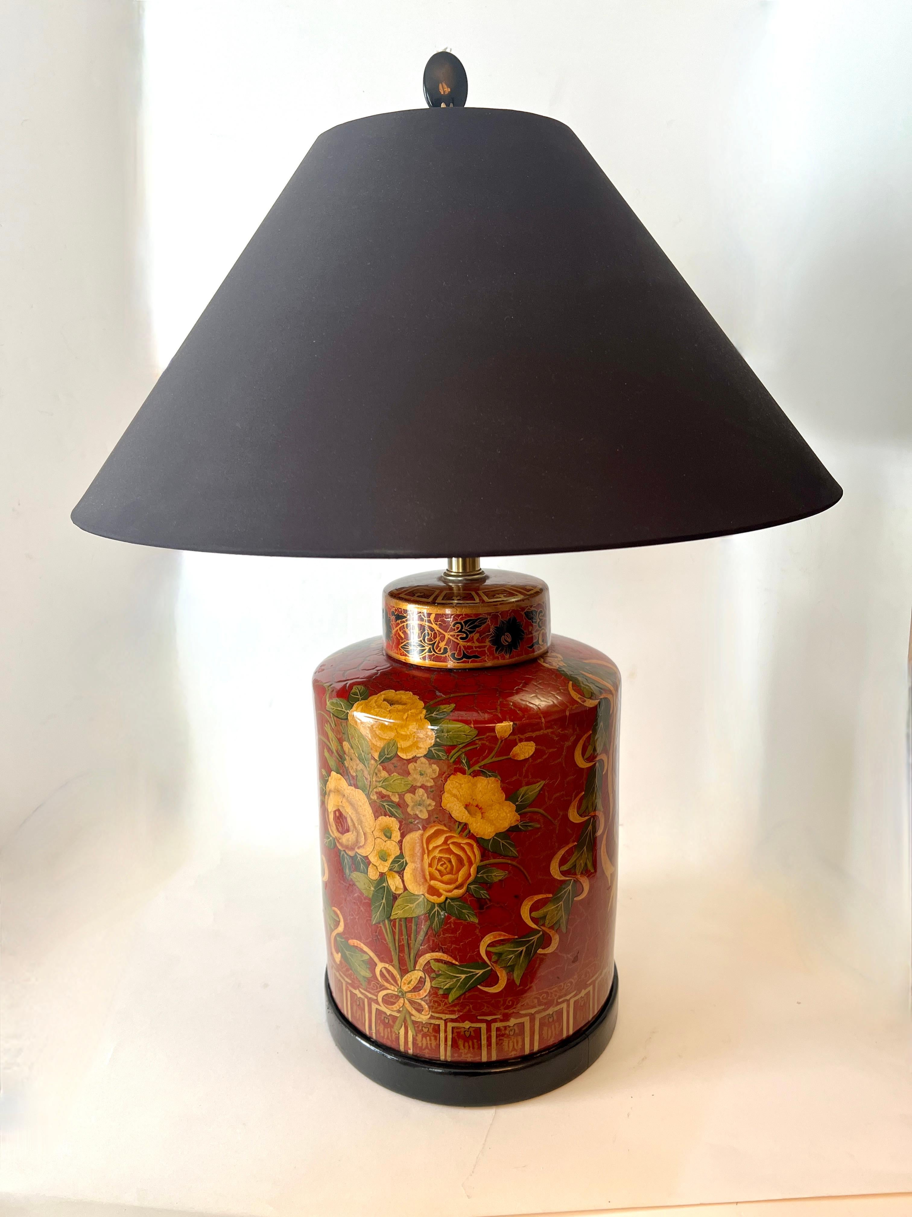 A beautifully hand painted Ceramic Ginger Jar Style Lamp by Frederick Cooper. 

The lamp is in very good condition and is a wonderful lamp for beside the bed or on an end table.  The Red Crackle finish has a hand painted series of Chinoiserie style