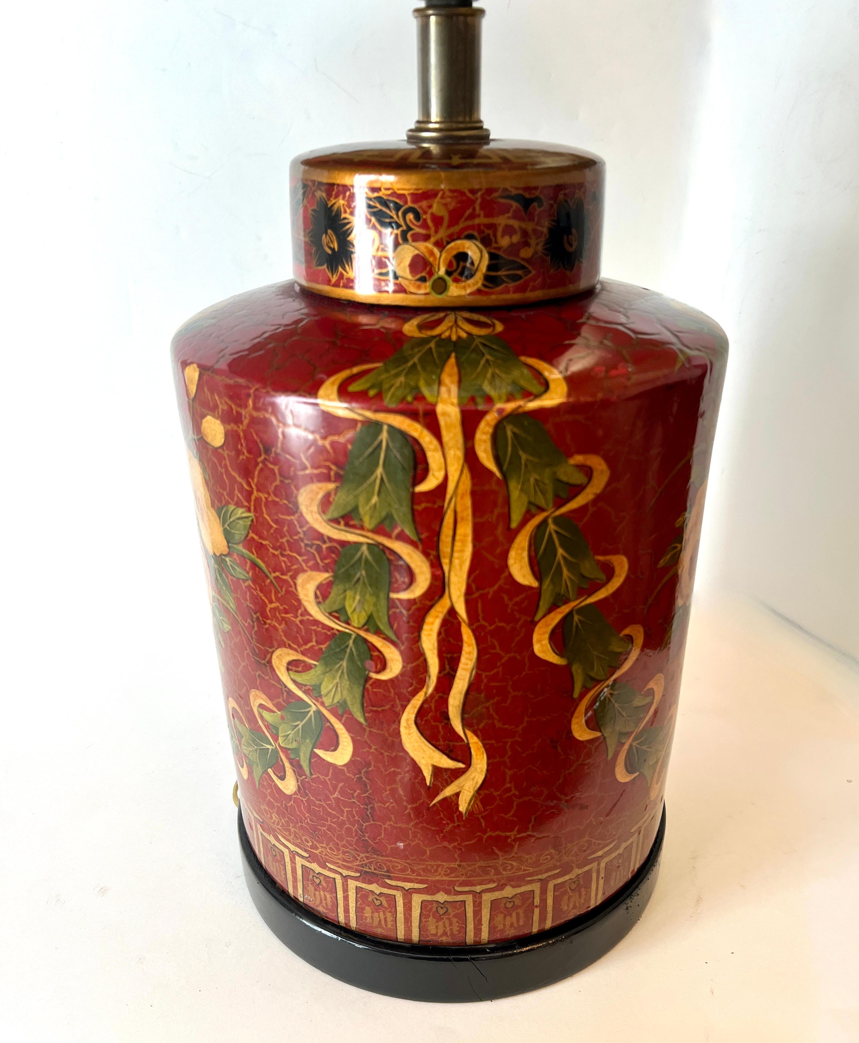 Ceramic Hand Painted Red Ginger Jar Table Lamp by Frederick Cooper For Sale 1