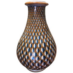 Ceramic Hand-Painted Romboide Blue Brown Vase, France