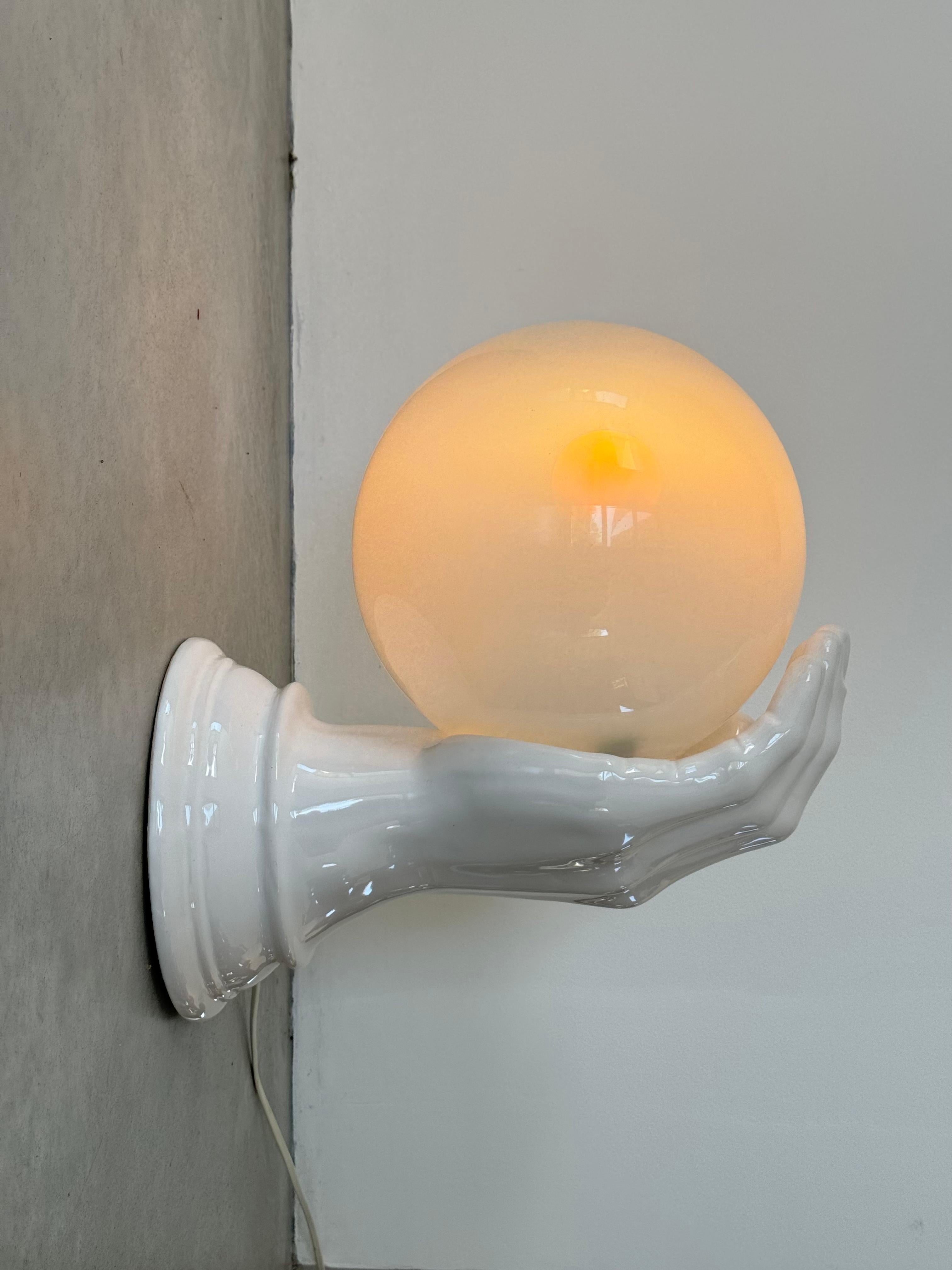 Ceramic Hand Wall Sconce, very huge size 14.6'',  Italian design lamp, c. 1970s For Sale 1