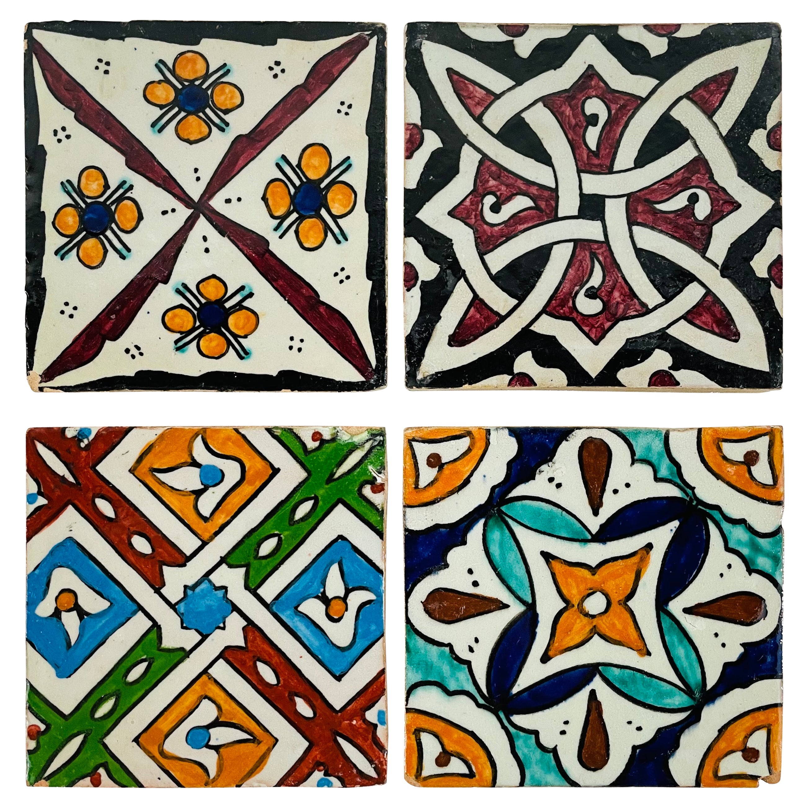 Ceramic Handpainted Moroccan Coaster or Tile, Set of 4