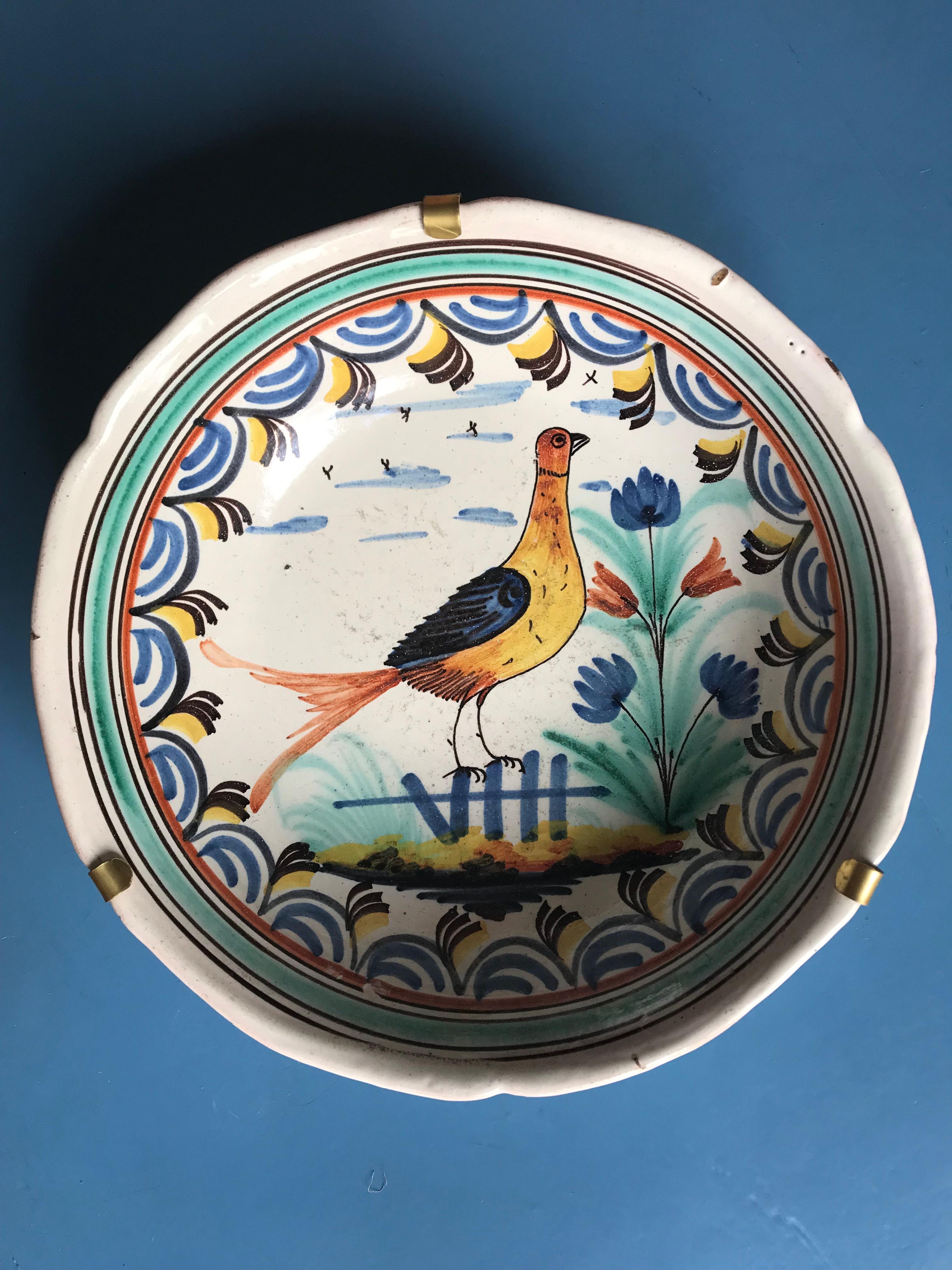 19th Century Ceramic Hanging Platter with Bird Decoration