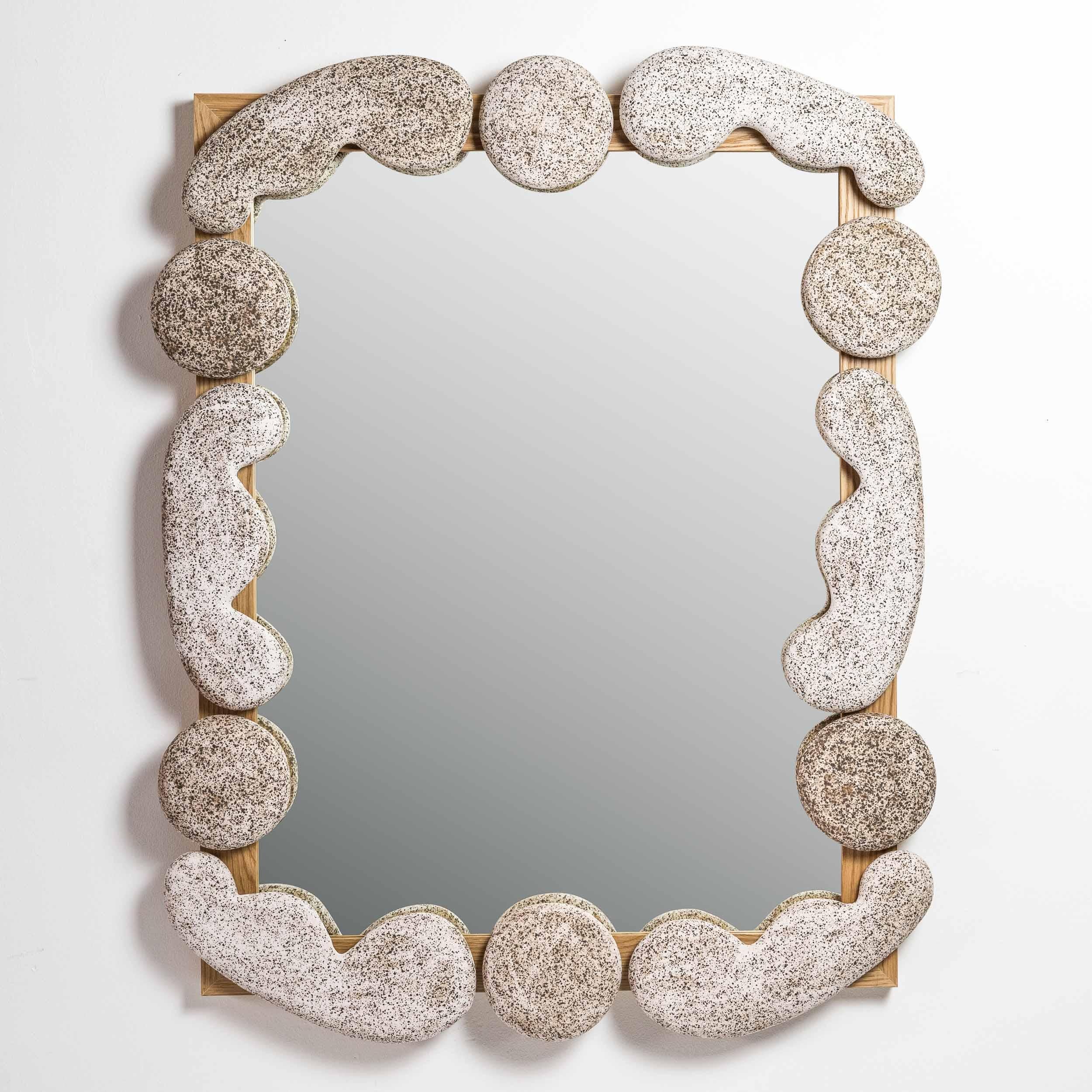 Modern Ceramic & Hardwood, Roebling Wall Mirror, Organic Sculptural Stone For Sale