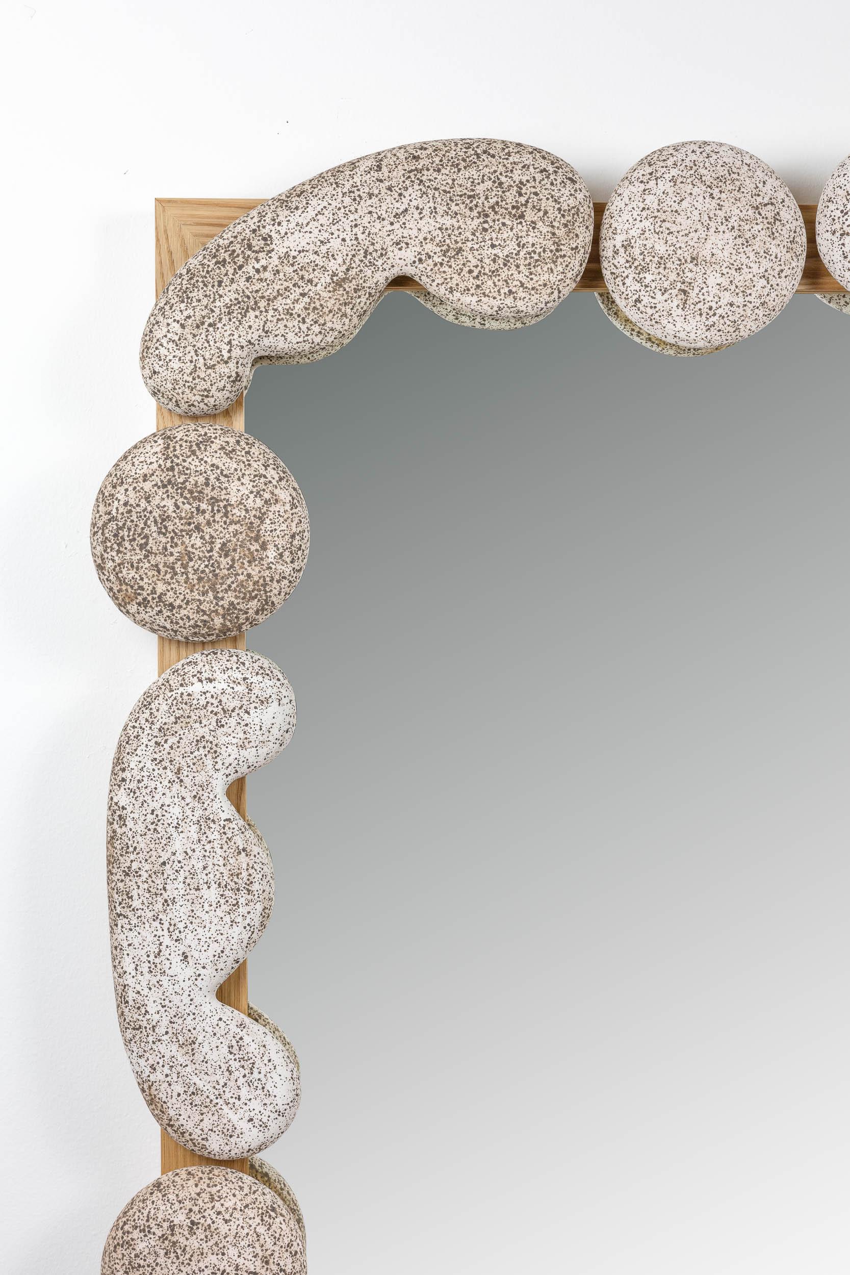 Modern Ceramic & Hardwood, Roebling Wall Mirror, Organic Sculptural Stone For Sale