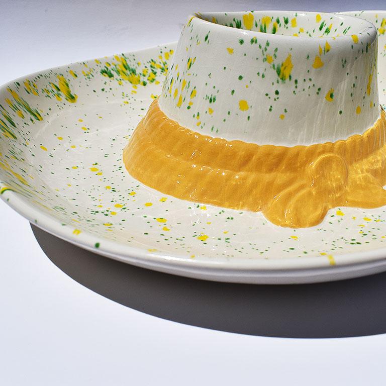 Folk Art Ceramic Hat Yellow and Green Drip Glazed Chip and Dip Platter 1970s Era