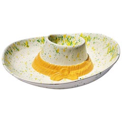 Ceramic Hat Yellow and Green Drip Glazed Chip and Dip Platter 1970s Era
