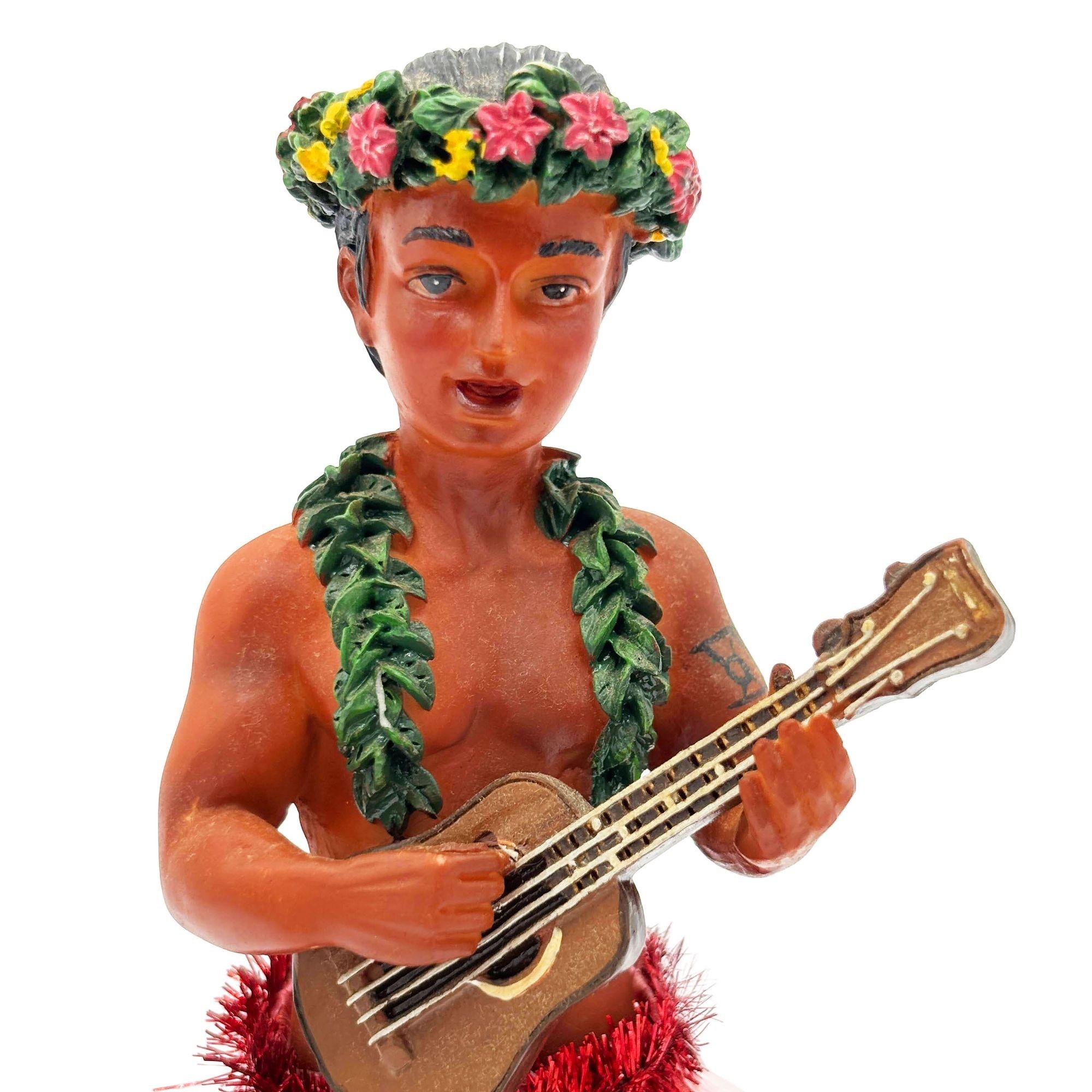 Modern Ceramic Hawaii Hula Man Ukulele Player with headdress Bobble Doll For Sale