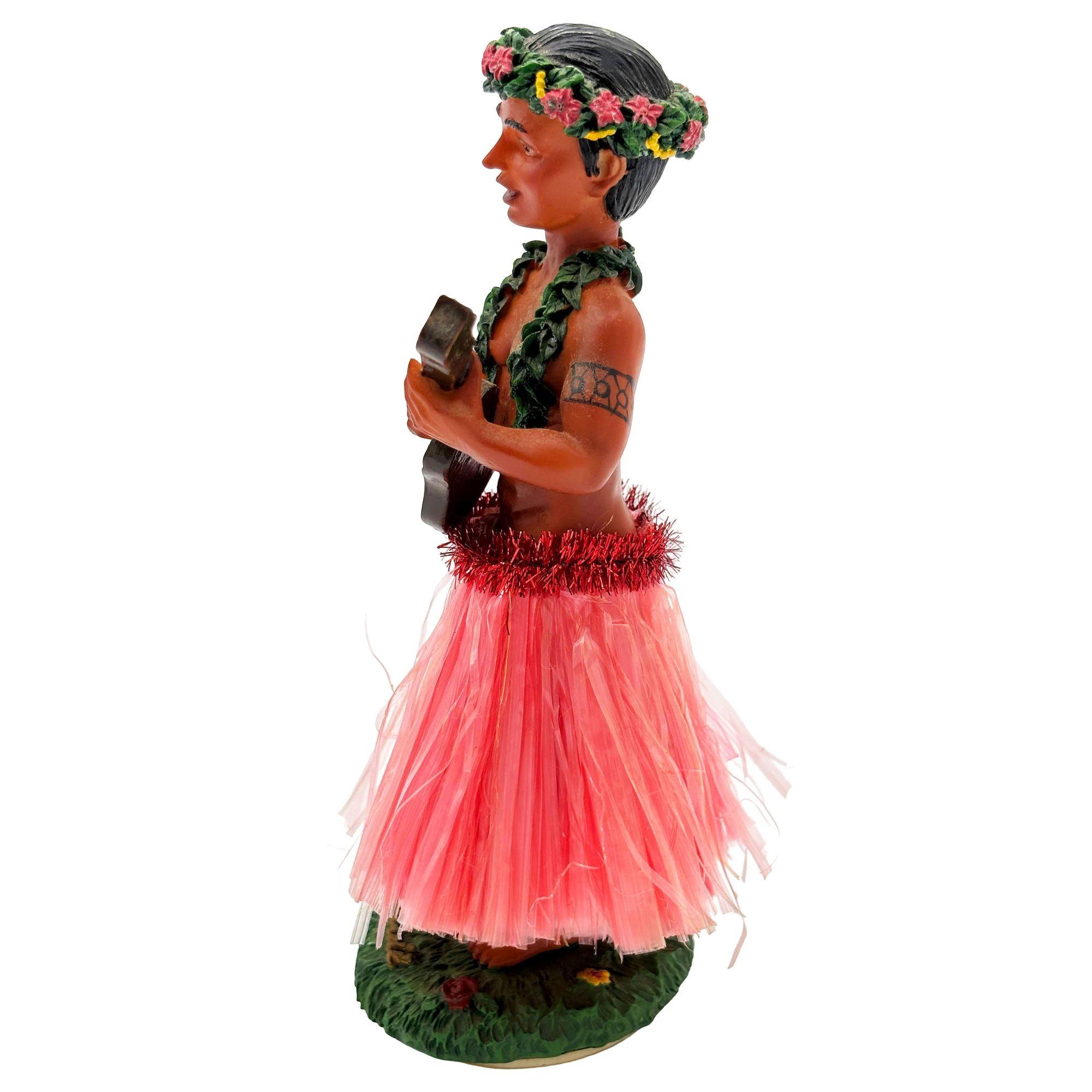 Ceramic Hawaii Hula Man Ukulele Player with headdress Bobble Doll In Excellent Condition For Sale In Van Nuys, CA