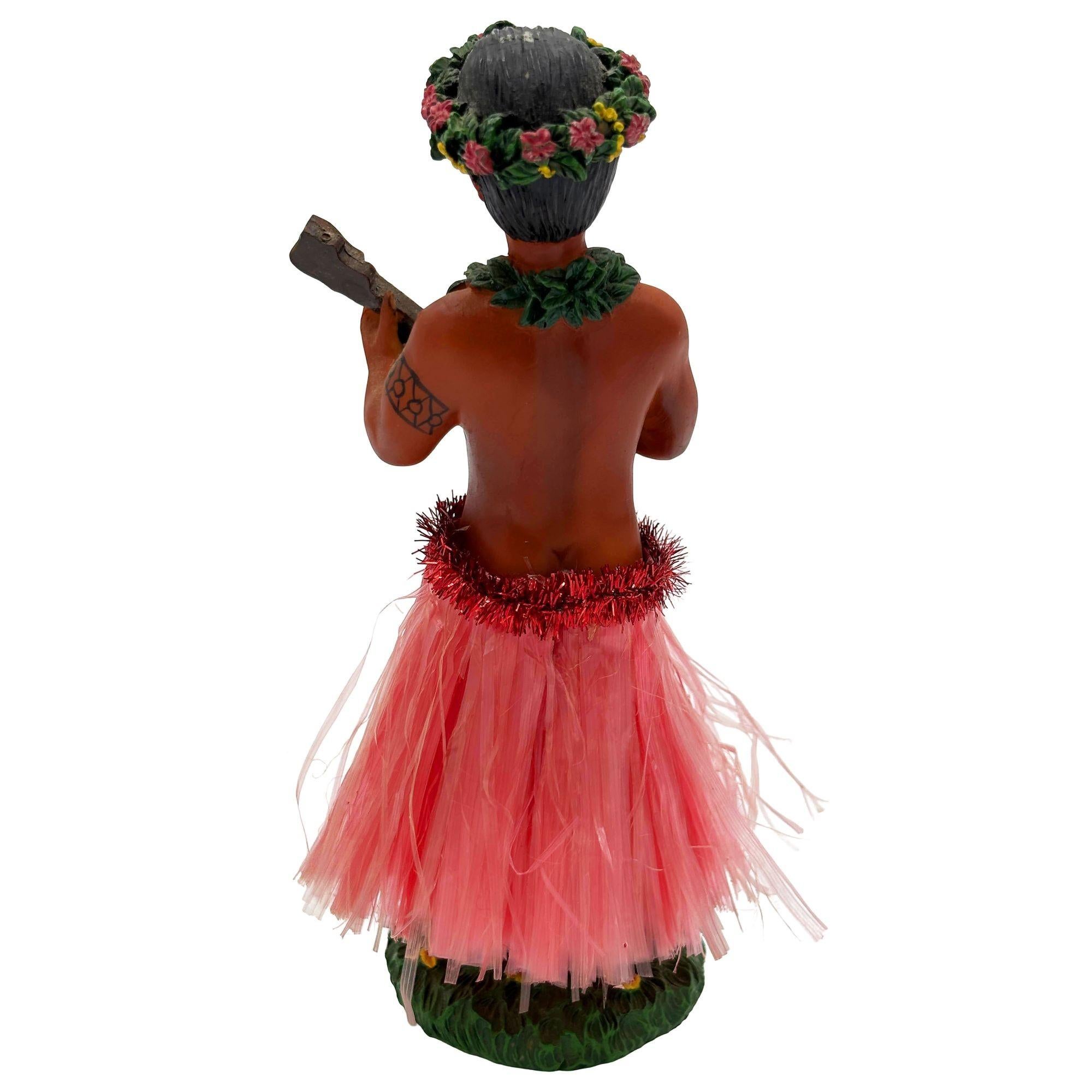 Late 20th Century Ceramic Hawaii Hula Man Ukulele Player with headdress Bobble Doll For Sale