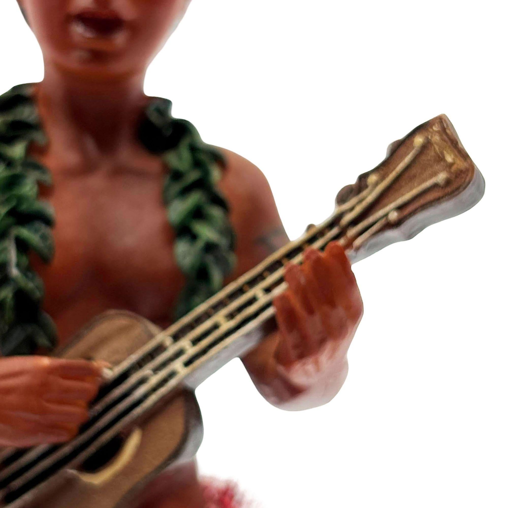 Ceramic Hawaii Hula Man Ukulele Player with headdress Bobble Doll For Sale 2