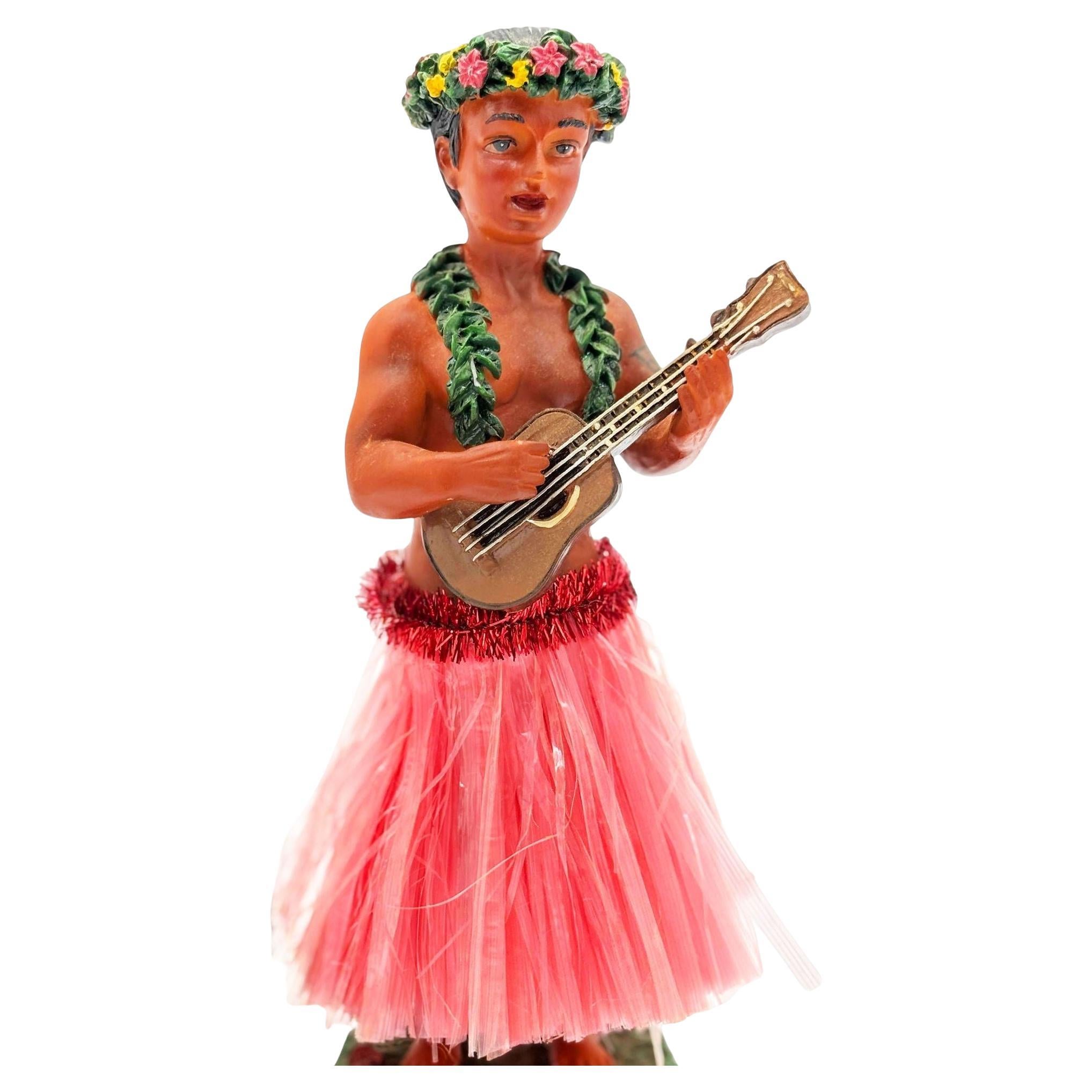 Ceramic Hawaii Hula Man Ukulele Player with headdress Bobble Doll
