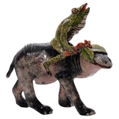 Ceramic Hippo and Frog rider sculpture, Hand  made in South Africa