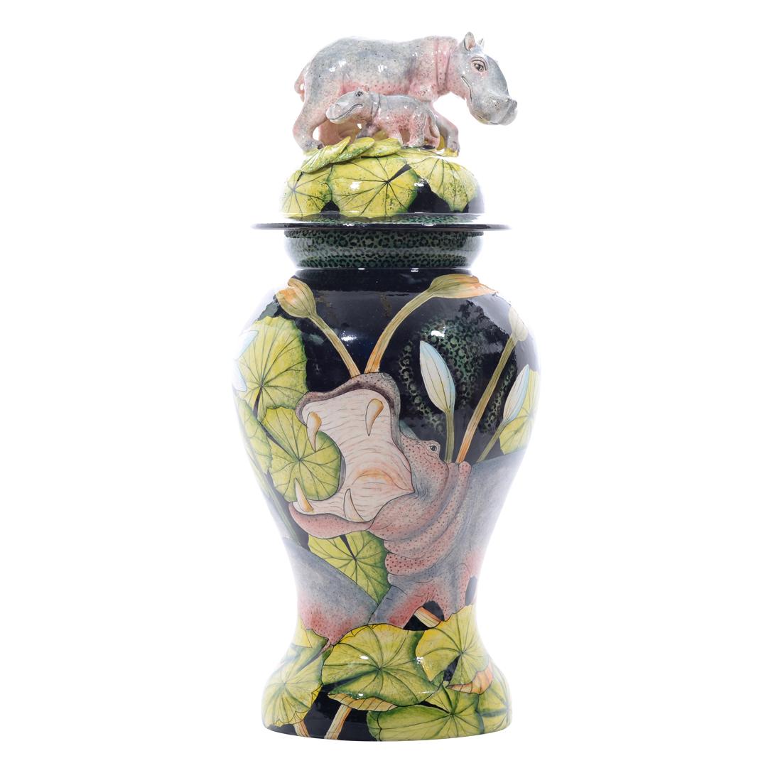 Ceramic Hippo Urn, hand made in South Africa In Excellent Condition In North Miami, FL