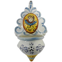 Retro Ceramic Holy Water Font 20th Century Hand Painted