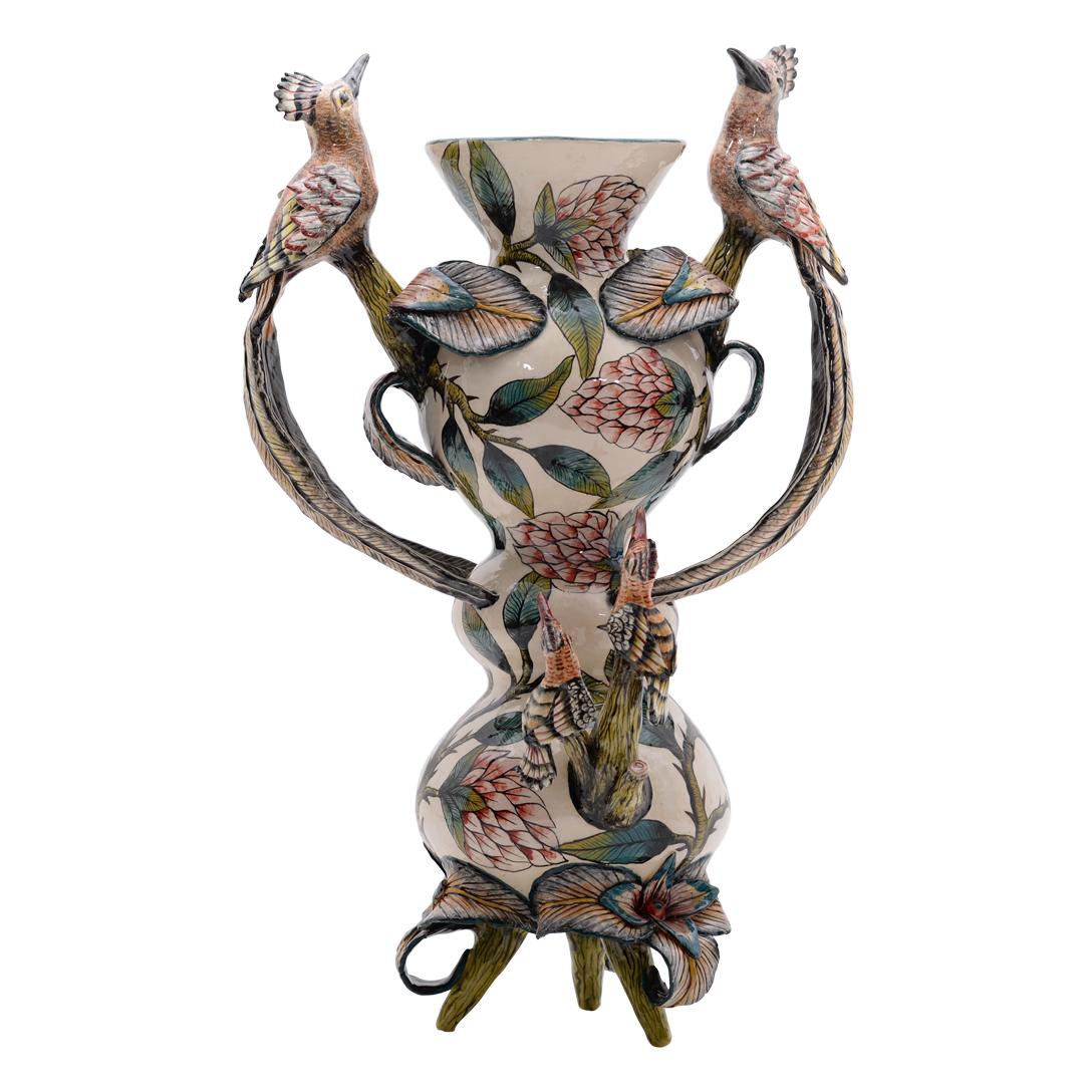 South African Ceramic  Hoopoes  Vase, Hand  made in South Africa For Sale