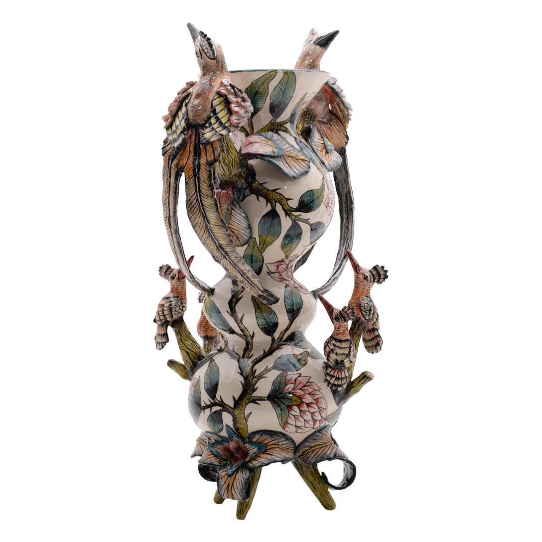 Fired Ceramic  Hoopoes  Vase, Hand  made in South Africa For Sale