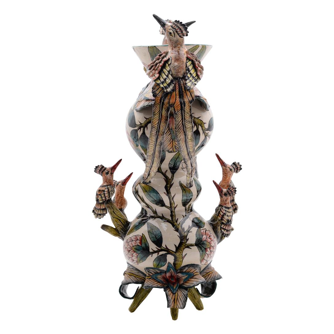 Ceramic  Hoopoes  Vase, Hand  made in South Africa In New Condition For Sale In North Miami, FL