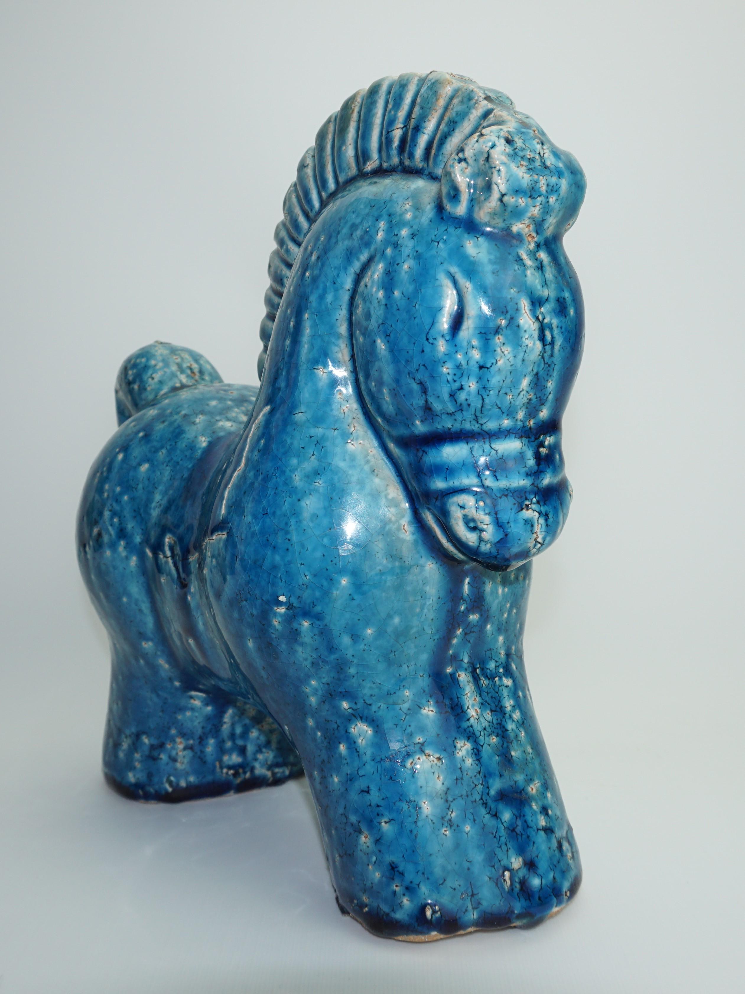 Decorative large ceramic horse made of heavy clay, beautiful turquoise color. Danish design from mid-century, C 1960.