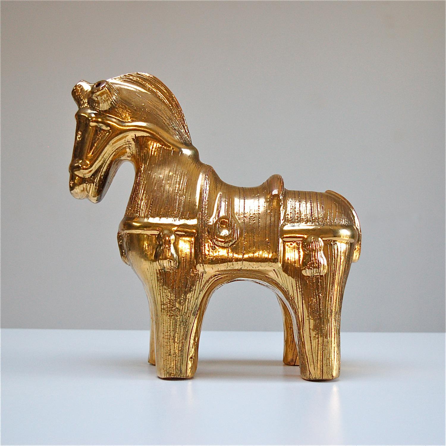 Italian Ceramic Horse Sculpture by Bitossi in Gilt Glaze, Italy, 1960s For Sale