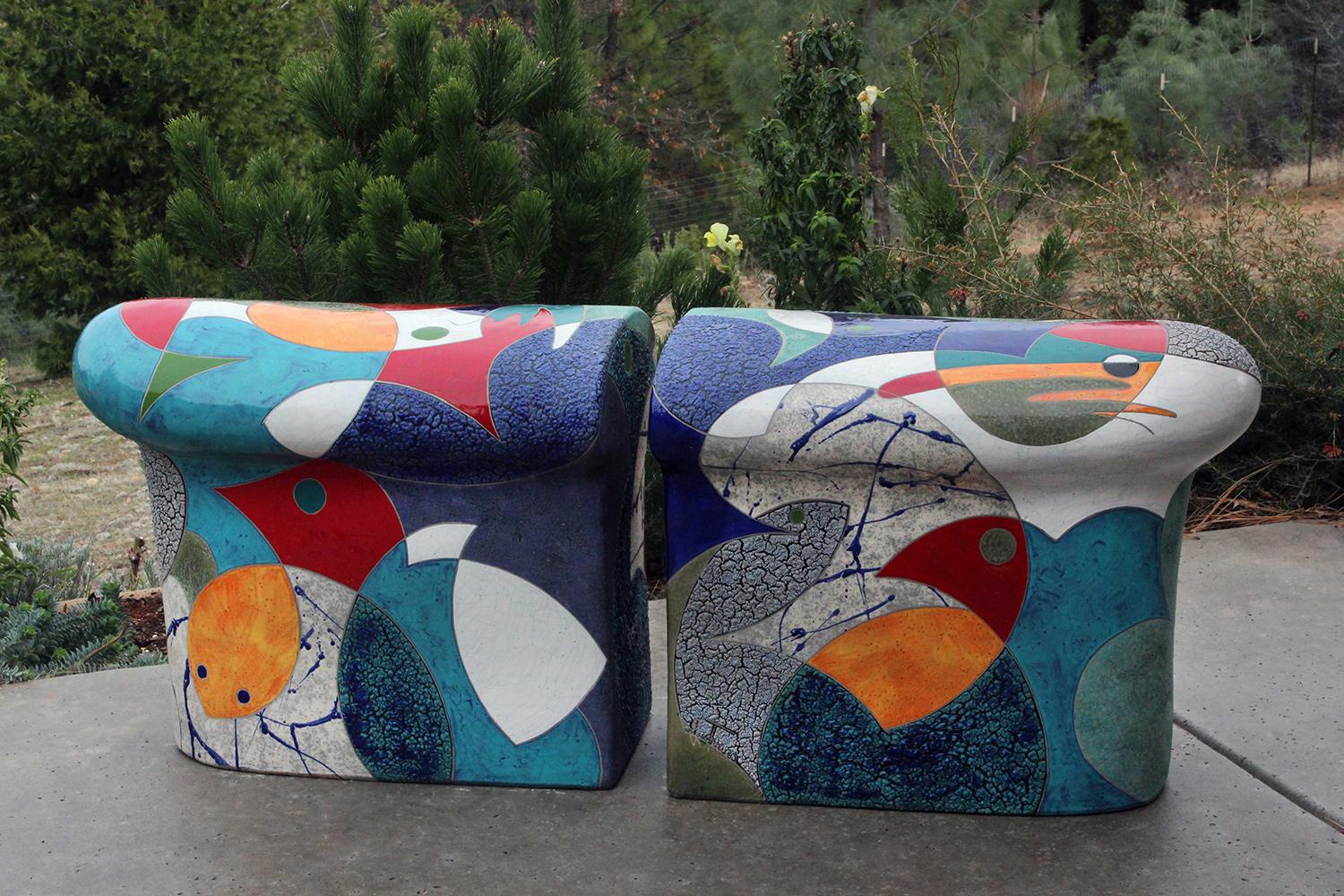 This curvy, colorful seat is brought to life with artist Michael Gustavson's masterfully detailed and gorgeously textured glazes in a variety of colors. The two hand-built ceramic elements can be spaced apart for individual seats, or together to