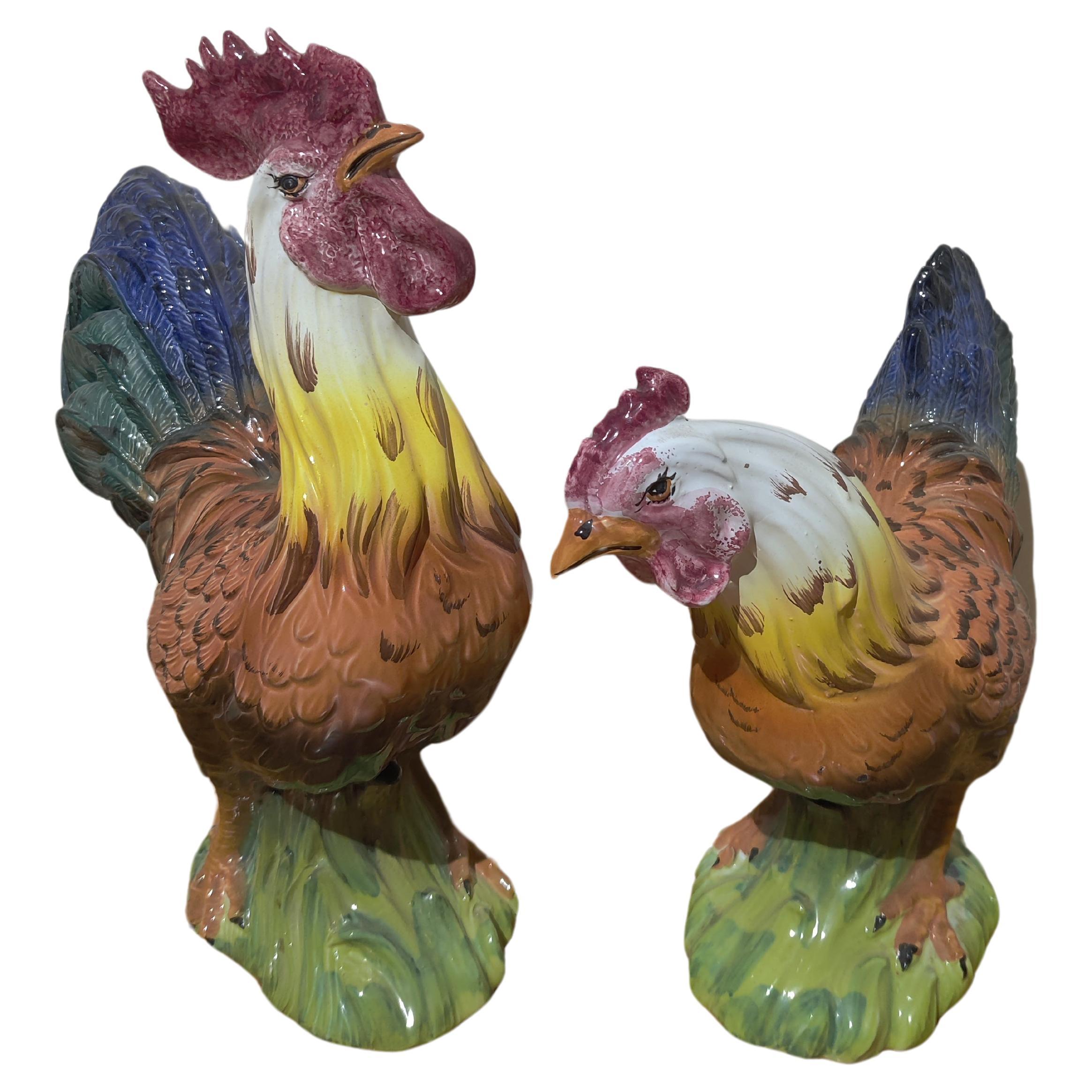 Ceramic Intrada Rooster and Hen made in Italy For Sale