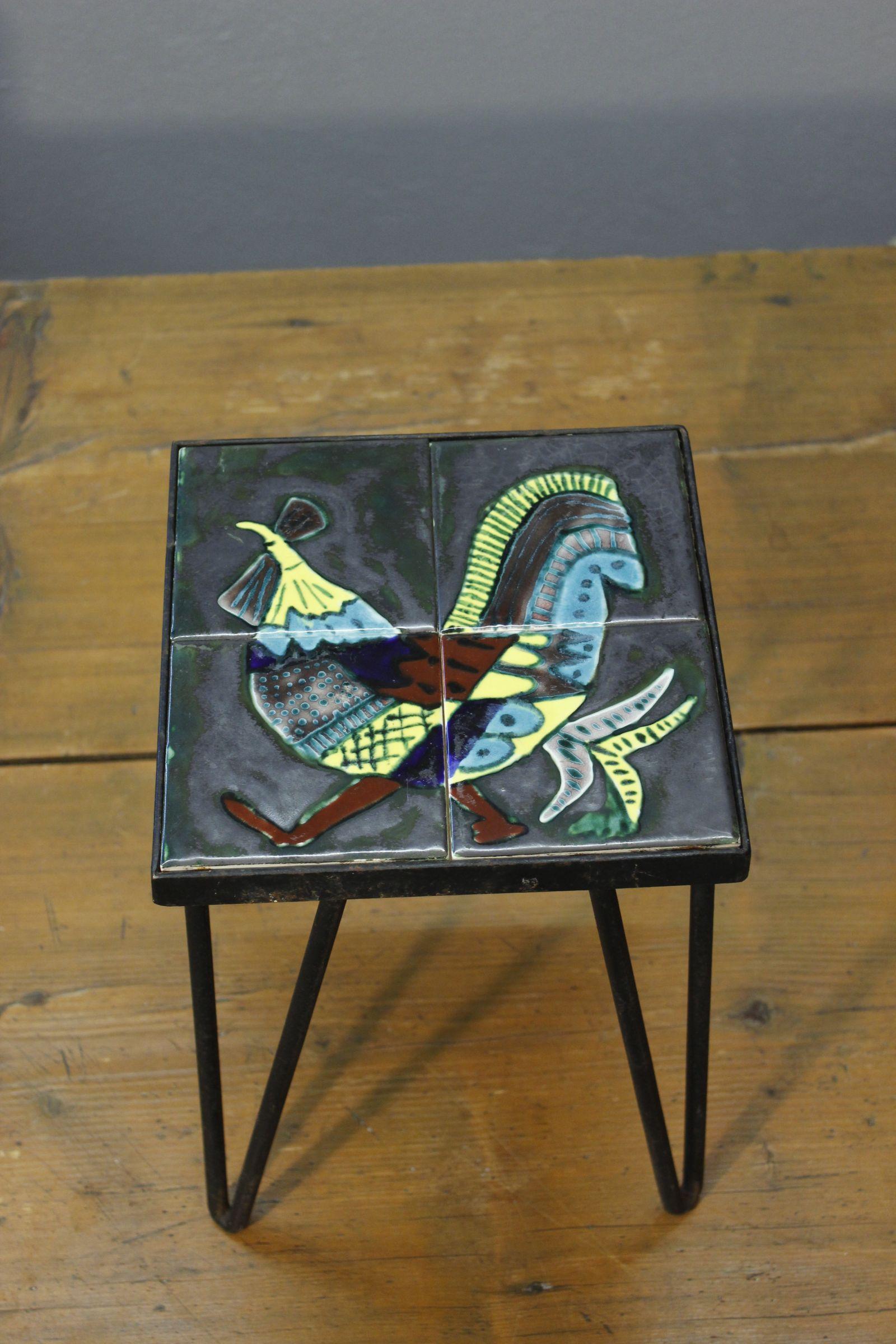 French Provincial Ceramic & iron plant holder by Gabriel Fourmaintraux, Desvres France 1950s For Sale