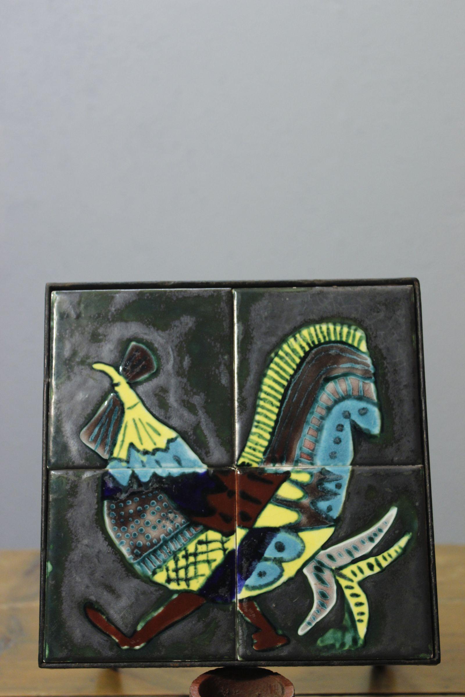 French Ceramic & iron plant holder by Gabriel Fourmaintraux, Desvres France 1950s For Sale