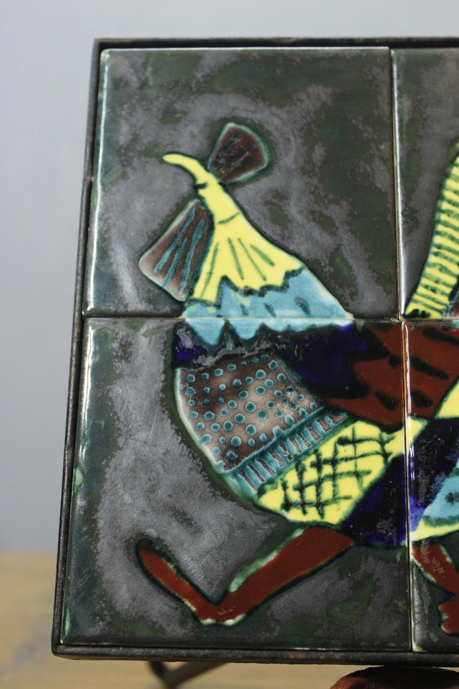 Enameled Ceramic & iron plant holder by Gabriel Fourmaintraux, Desvres France 1950s For Sale