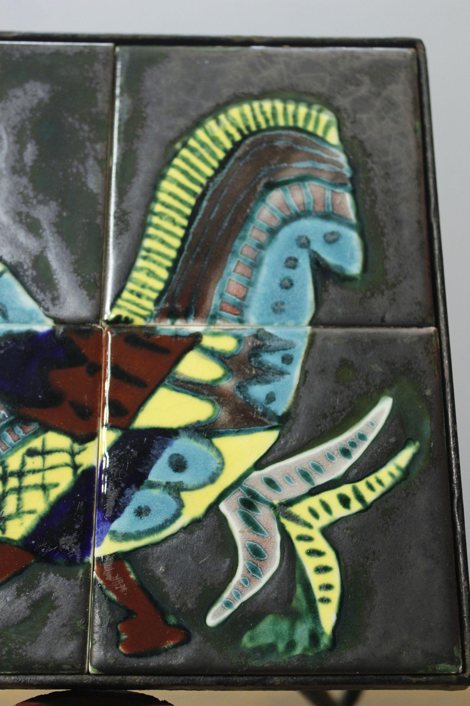 Ceramic & iron plant holder by Gabriel Fourmaintraux, Desvres France 1950s In Good Condition For Sale In STRASBOURG, FR