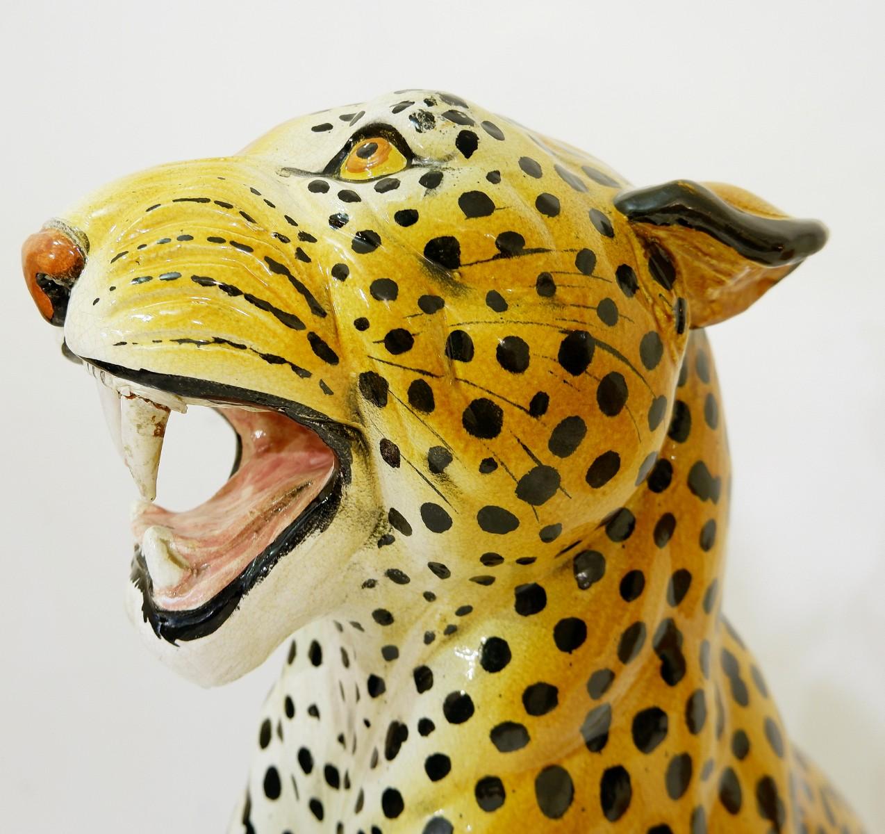 Ceramic Italian glazed terracotta life-size leopard.