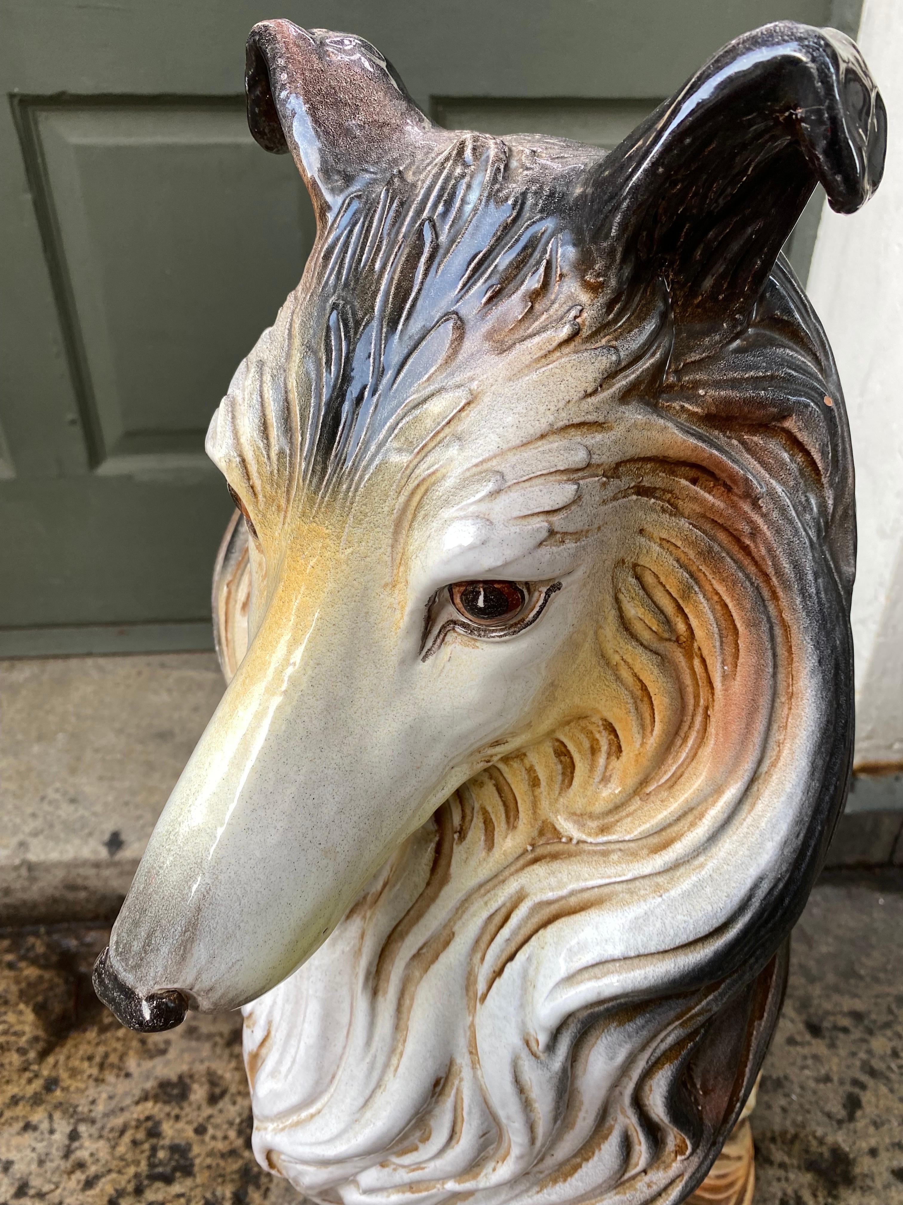 Italian hand-built ceramic Collie dog. Nice Scale and Detail! Signed inside bottom lip. One ear has tip reglued as seen in photo.