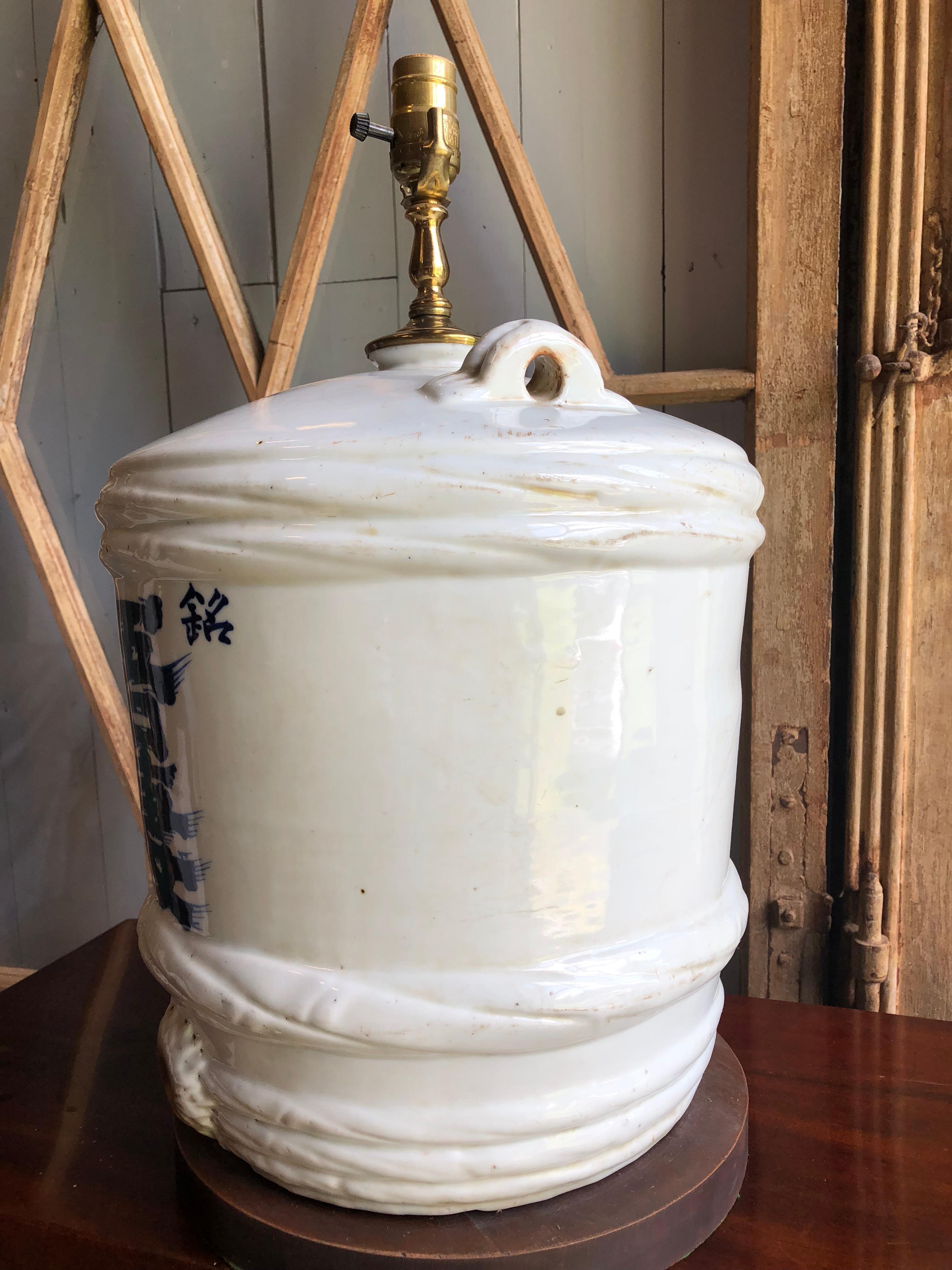 Ceramic Japanese Sake Barrel, Mounted as Lamp 2