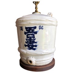Ceramic Japanese Sake Barrel, Mounted as Lamp
