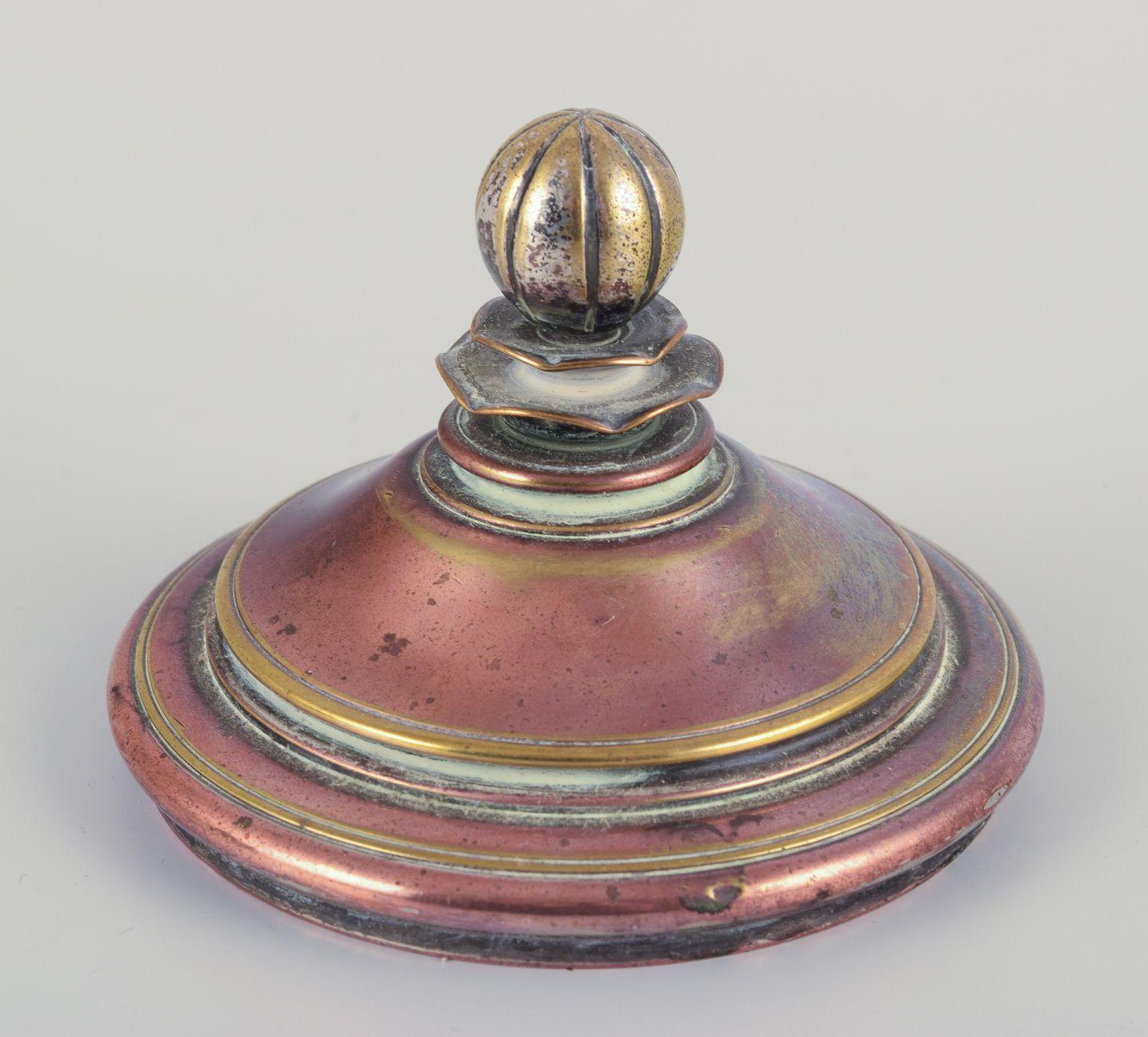 Mid-20th Century Ceramic jar glazed in green hues. With a brass and bronze lid. For Sale