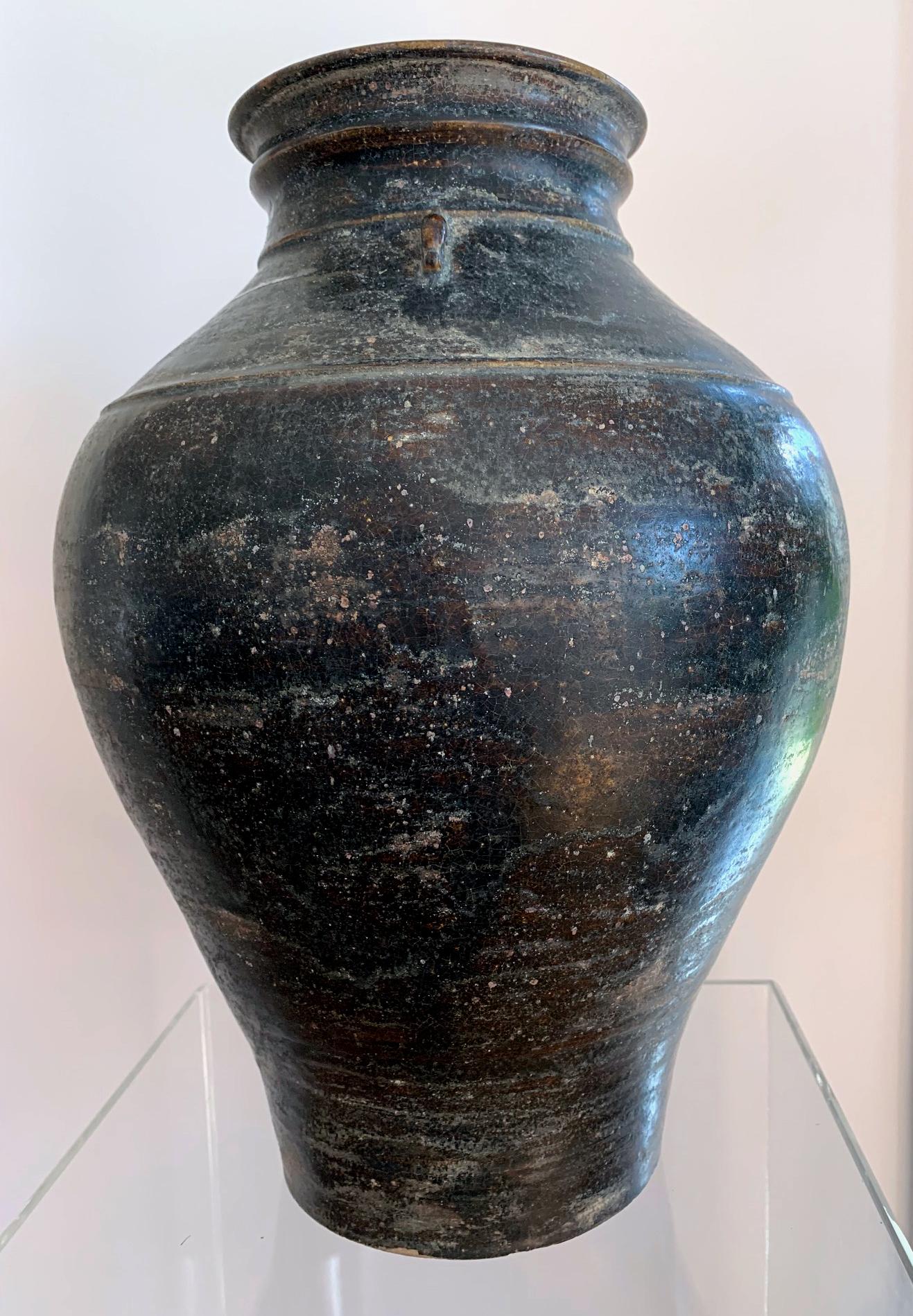 Cambodian Ceramic Jar with Black Glaze Khmer Angkor Period 