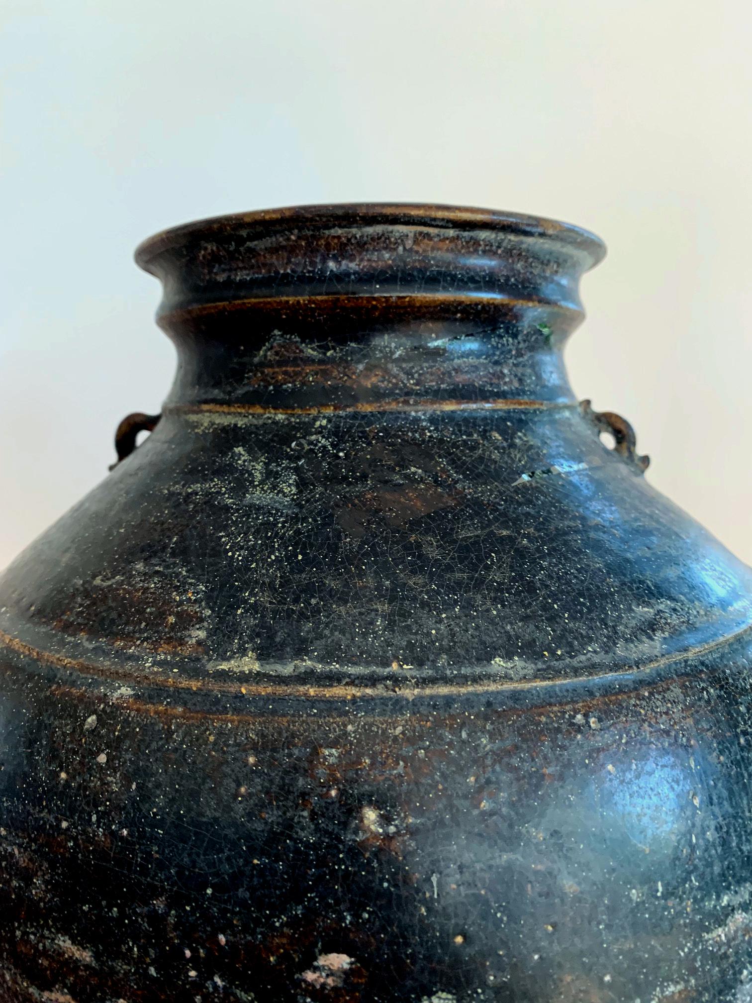 Ceramic Jar with Black Glaze Khmer Angkor Period  In Good Condition In Atlanta, GA