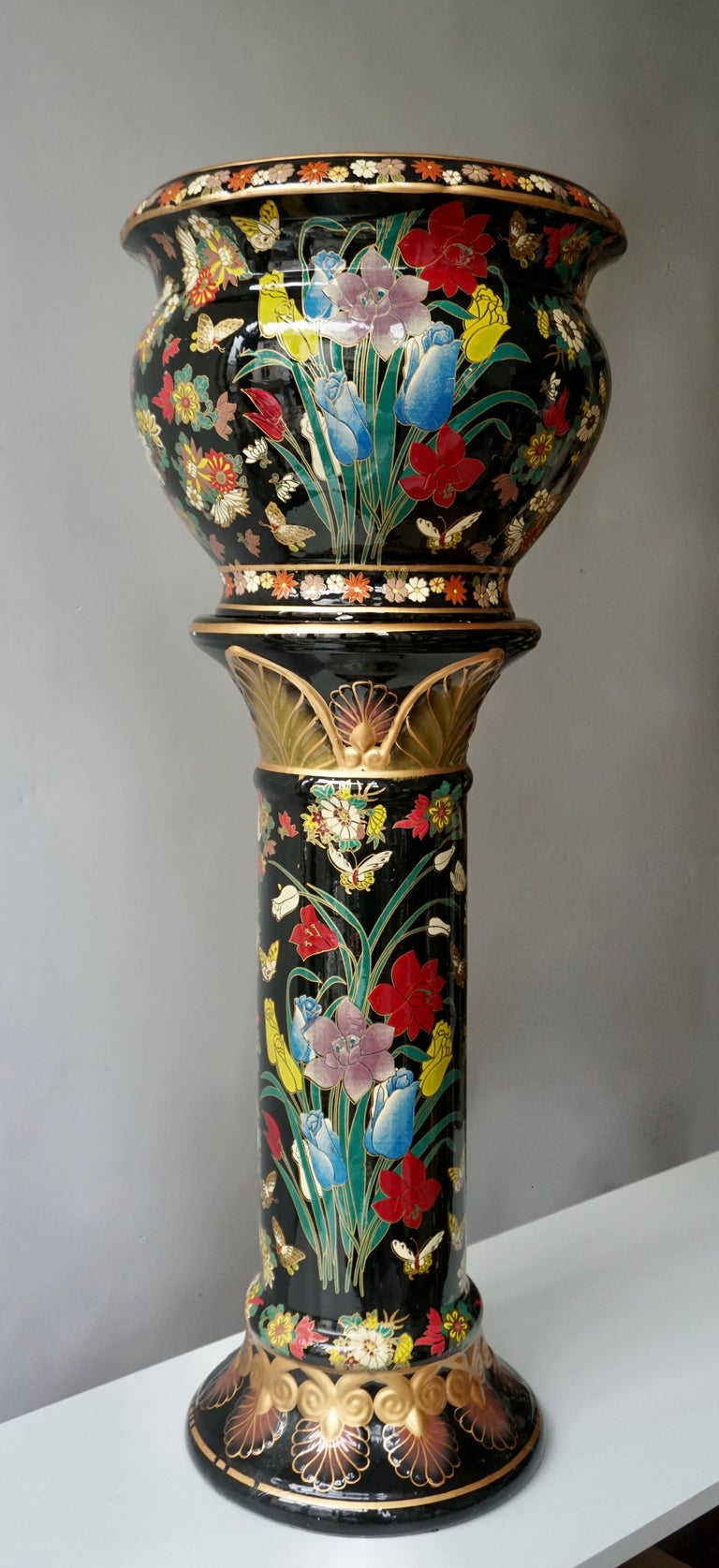 Ceramic Jardinière 'Planter and Stand' Pedestal Decorated with Flowers